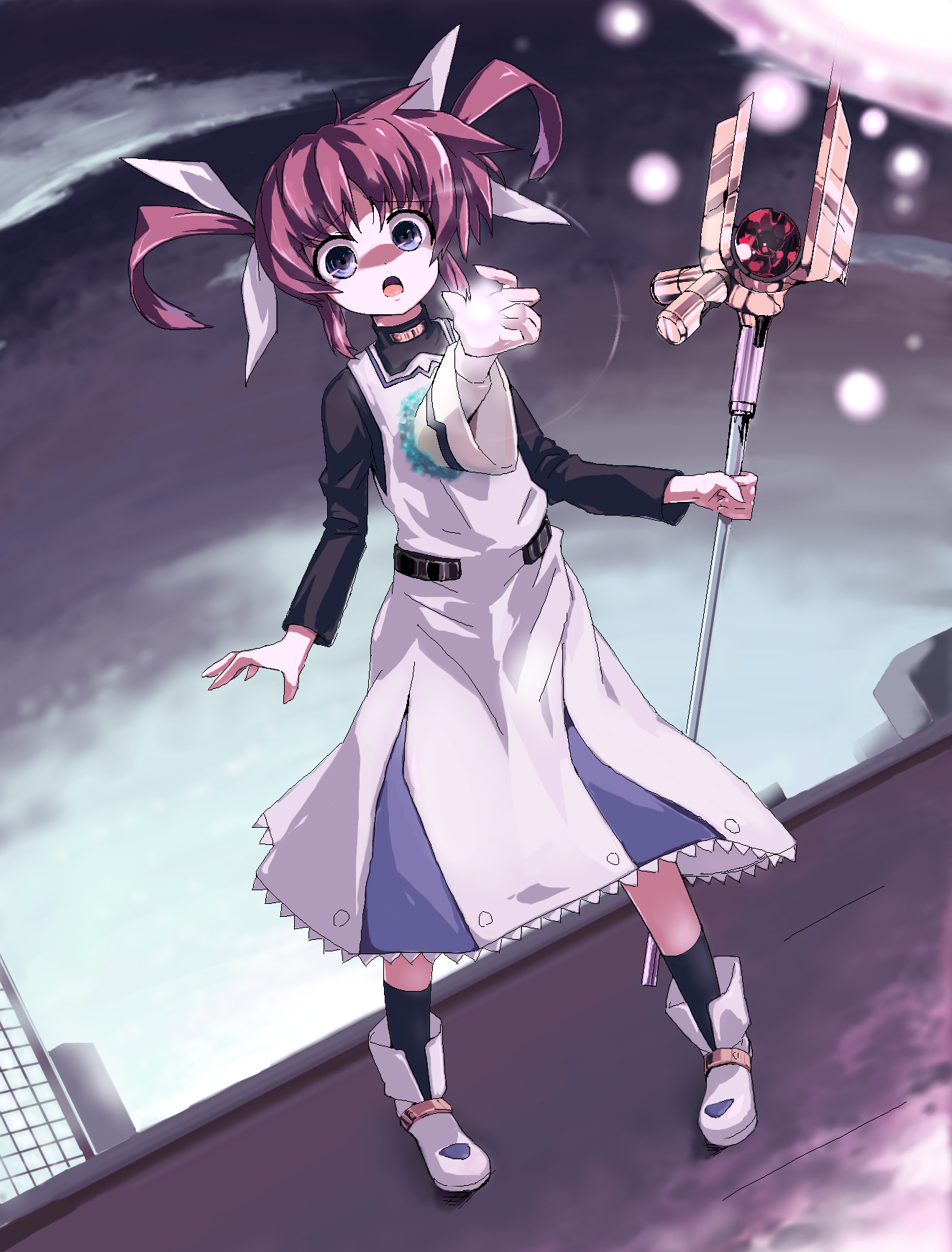 grune, raising heart, raising heart (shooting mode), shamal, takamachi nanoha, takamachi nanoha (original mode), lyrical nanoha, mahou shoujo lyrical nanoha, mahou shoujo lyrical nanoha a's, highres, 00s, blue eyes, boots, brown hair, dress, hair ribbon, oekaki, ribbon, short twintails, socks, staff, twintails