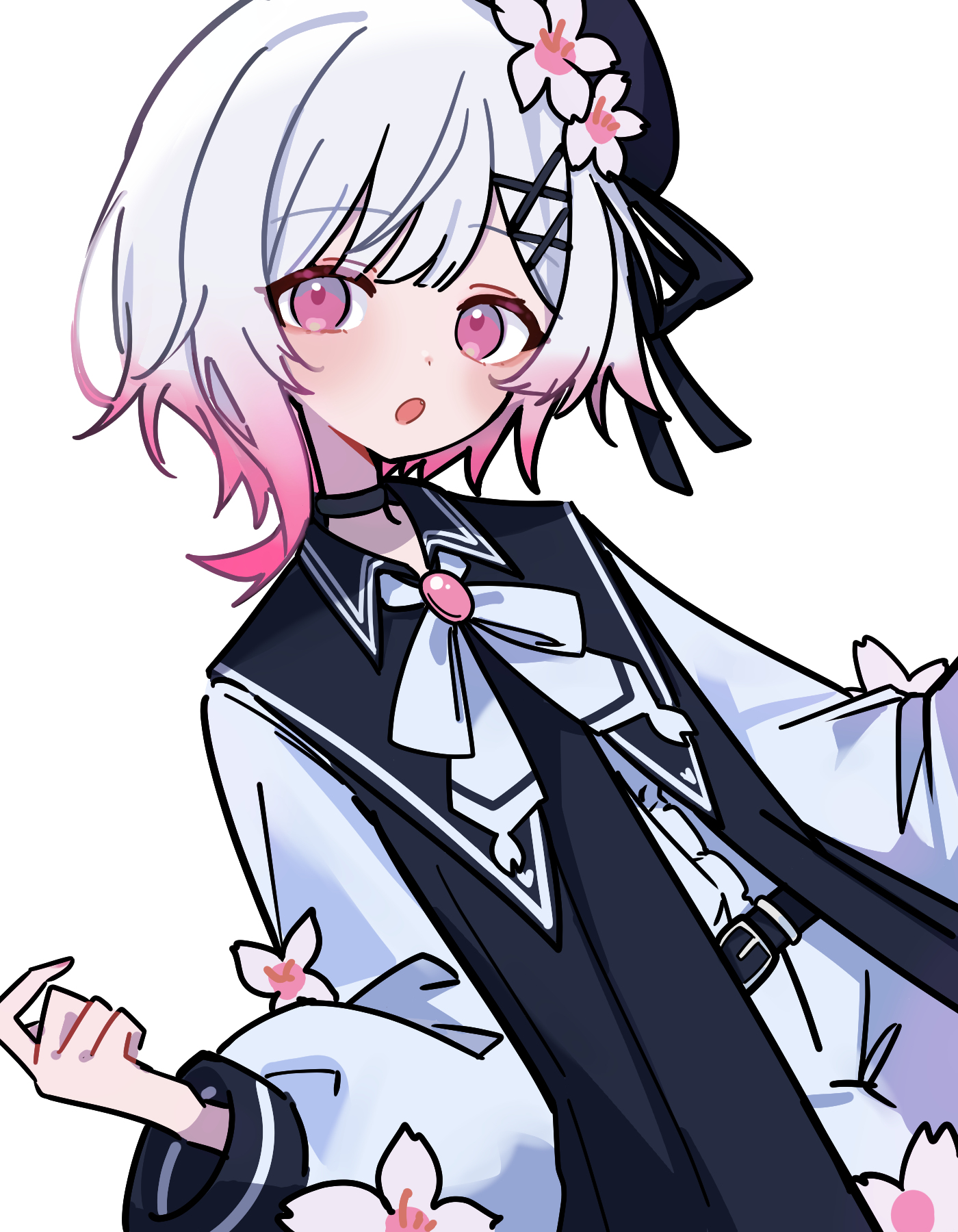 waipiiy, sakuraba ema, mahou shoujo no majo saiban, commentary request, highres, 1girl, :o, belt, beret, black belt, black choker, black dress, black hat, cherry blossoms, choker, dress, dutch angle, fang, flower, gradient hair, hair flower, hair ornament, hat, long sleeves, looking at viewer, multicolored hair, neck ribbon, open mouth, pink eyes, pink hair, ribbon, short hair, simple background, solo, white background, white flower, white hair, white ribbon, x hair ornament