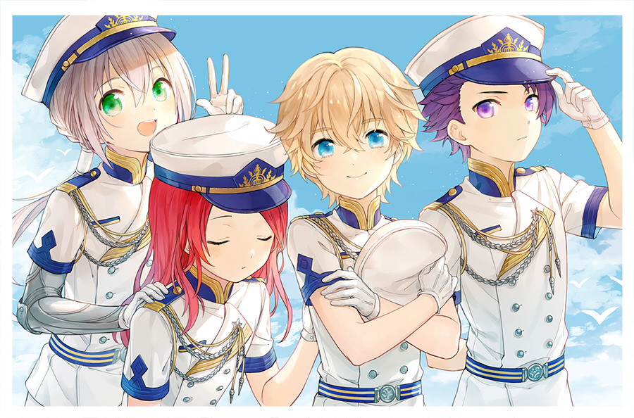 chocomirukuaji, bedivere (fate), gawain (fate), lancelot (fate/grand order), tristan (fate), fate/grand order, fate (series), commentary, english commentary, 4boys, aged down, arm behind back, blonde hair, blue eyes, blue sky, braid, closed eyes, gloves, green eyes, grey hair, hand on another's shoulder, hat, holding, holding unworn clothes, holding unworn hat, long hair, low ponytail, male focus, military hat, military uniform, multiple boys, ponytail, prosthesis, prosthetic arm, purple eyes, purple hair, red hair, simple bird, sky, unworn hat, unworn headwear, w, white gloves