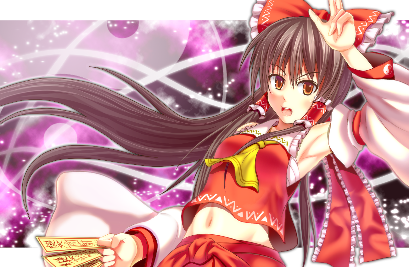 hinami (hinatamizu), hakurei reimu, imperishable night, touhou, 1girl, armpits, bow, brown eyes, brown hair, detached sleeves, female focus, hair bow, japanese clothes, long hair, midriff, miko, navel, ofuda, sarashi, solo, yin yang