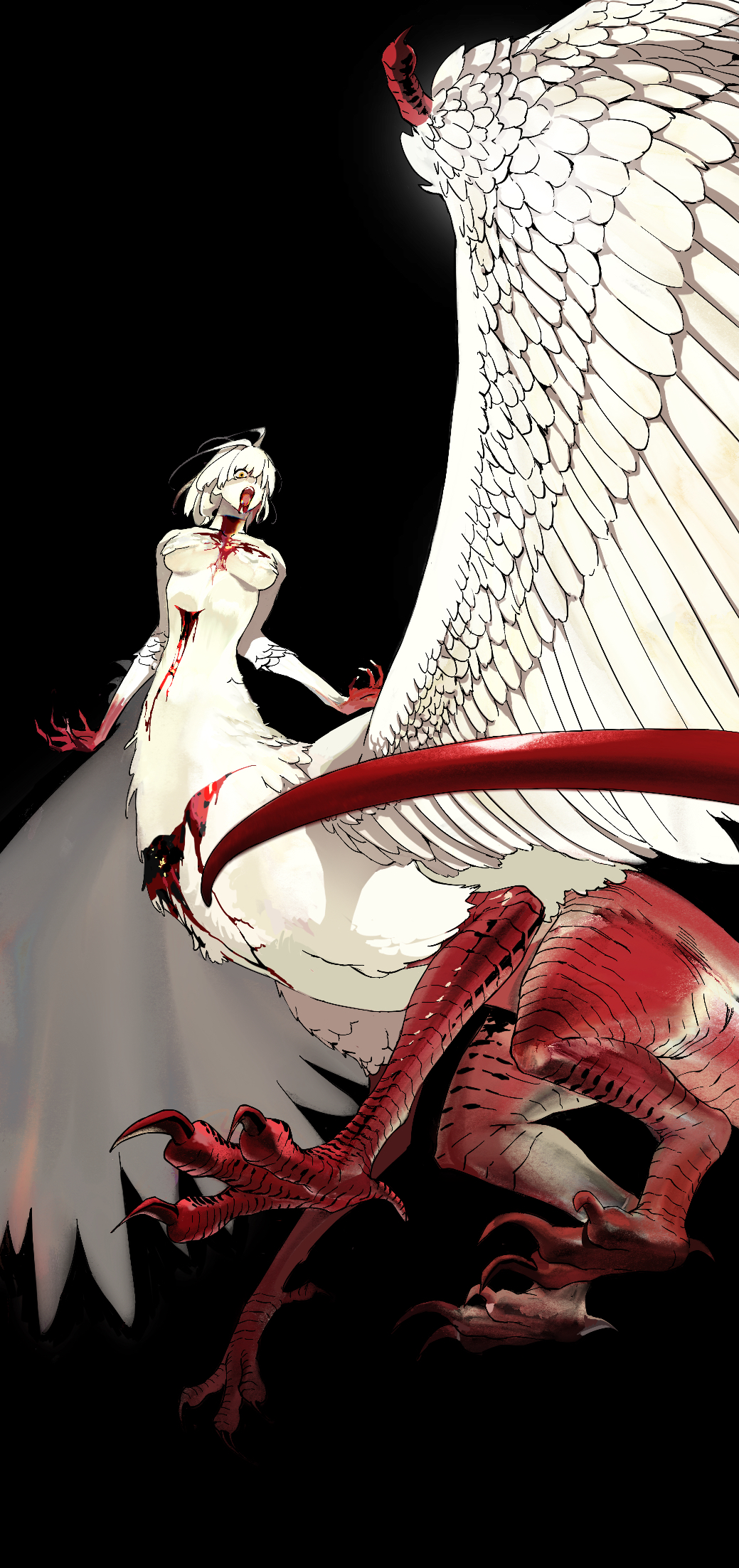 lantern madoyoi, falin touden, falin touden (chimera), dungeon meshi, commentary request, highres, 1girl, bird wings, black background, bleeding, blood, blood from mouth, blood on chest, blood on face, breasts, chimera, claws, colored extremities, colored skin, constricted pupils, cuts, deep wound, dragon tail, feathered wings, from below, hair over one eye, injury, large breasts, looking at viewer, monster girl, one eye covered, open mouth, red skin, scales, short hair, simple background, slit throat, solo, tail, taur, white hair, white skin, wings, yellow eyes