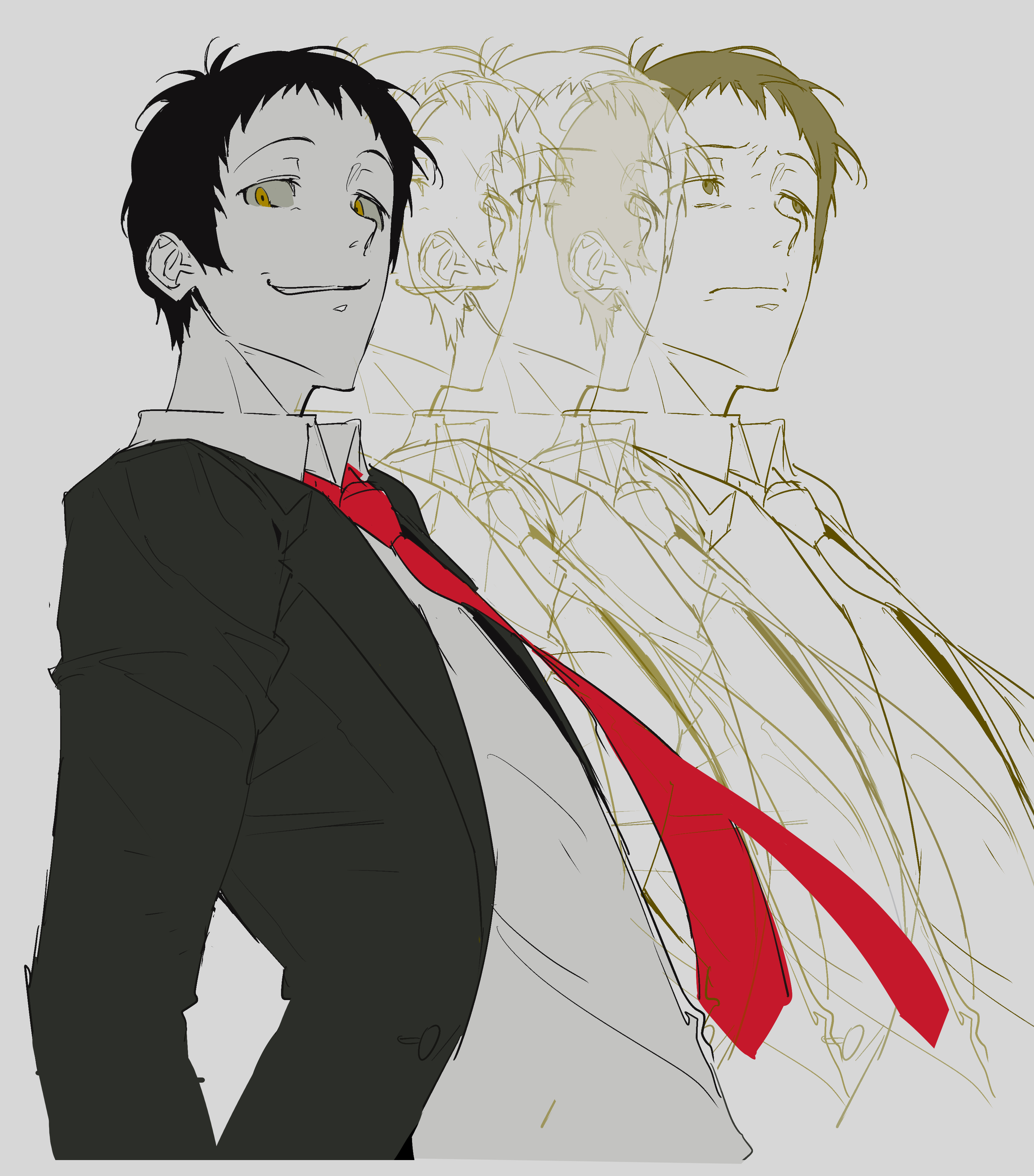 hamra (hamcommis), adachi tooru, persona, persona 4, absurdres, commentary request, highres, 1boy, black hair, black jacket, closed mouth, collared shirt, constricted pupils, frown, grey background, jacket, long sleeves, looking at viewer, looking to the side, male focus, multiple expressions, multiple views, necktie, recurring image, red necktie, sanpaku, shirt, short hair, smile, smirk, upper body, upturned eyes, white shirt, yellow eyes