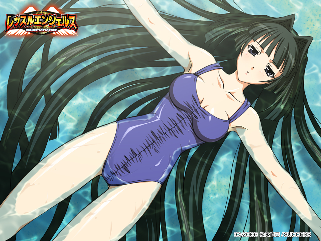 kusanagi mikoto, wrestle angels, wrestle angels survivor, 1girl, afloat, armpits, black hair, breasts, cleavage, dutch angle, female focus, grey eyes, long hair, one-piece swimsuit, outstretched arms, solo, spread arms, swimming, swimsuit, very long hair, water, wet