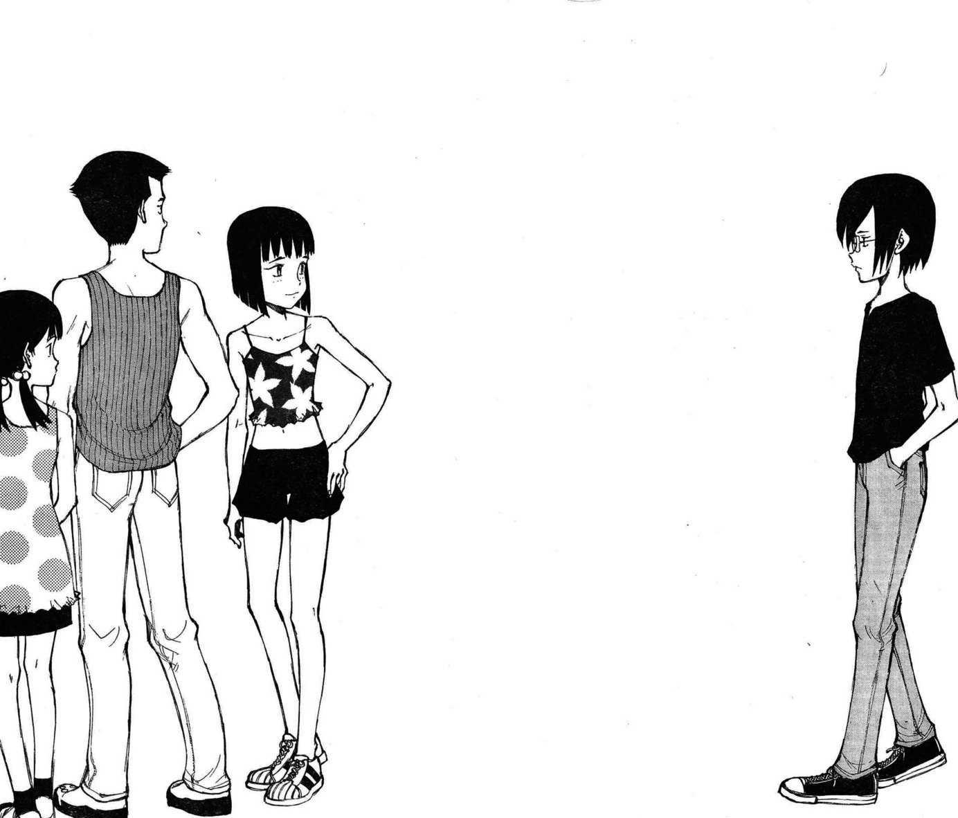 machi youko, ushiro jun, ushiro kana, yoshikawa kanji, bokurano, 2boys, 2girls, greyscale, monochrome, multiple boys, multiple girls, walking