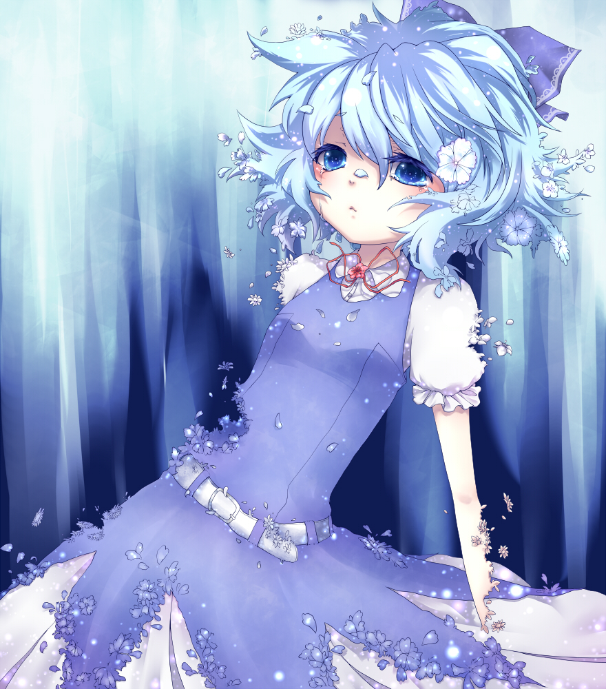 htm (gixig), cirno, embodiment of scarlet devil, touhou, bad id, bad pixiv id, 1girl, belt, blue background, blue eyes, blue hair, blue theme, colored eyelashes, dissolving, eyelashes, female focus, flower, matching hair/eyes, ribbon, solo, tears