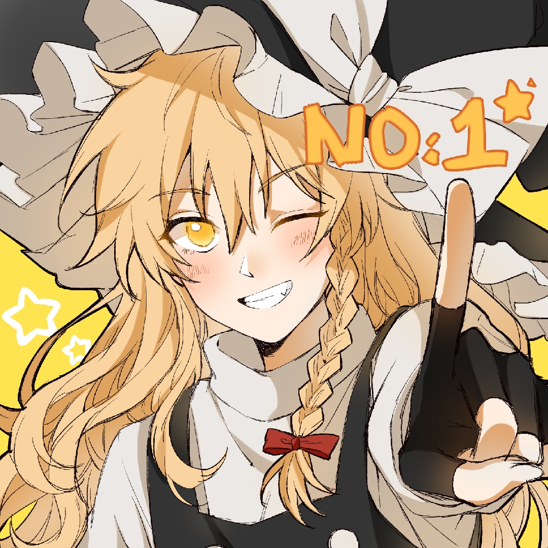 hitte5416, kirisame marisa, touhou, chinese commentary, commentary request, 1girl, black gloves, black hat, black vest, blonde hair, blush, bow, braid, english text, finger counting, fingerless gloves, gloves, grin, hair bow, hat, hat bow, index finger raised, long sleeves, looking at viewer, one eye closed, red bow, shirt, side braid, single braid, smile, solo, star (symbol), touhou 19th popularity poll, vest, white bow, white shirt, witch hat, yellow background, yellow eyes