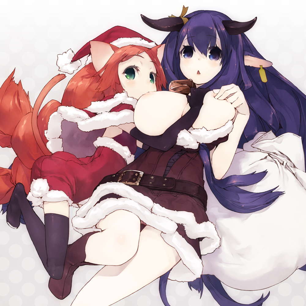 unaji, original, black legwear, 2girls, animal ears, bag, bell, belt, breasts, cat ears, cat tail, christmas, cow ears, cow girl, cow tail, cowbell, ear tag, elbow gloves, gloves, green eyes, hat, horn ribbon, horns, huge breasts, large breasts, long hair, multiple girls, purple eyes, purple hair, red hair, ribbon, sack, santa costume, santa hat, tail, thighhighs, very long hair, yuri
