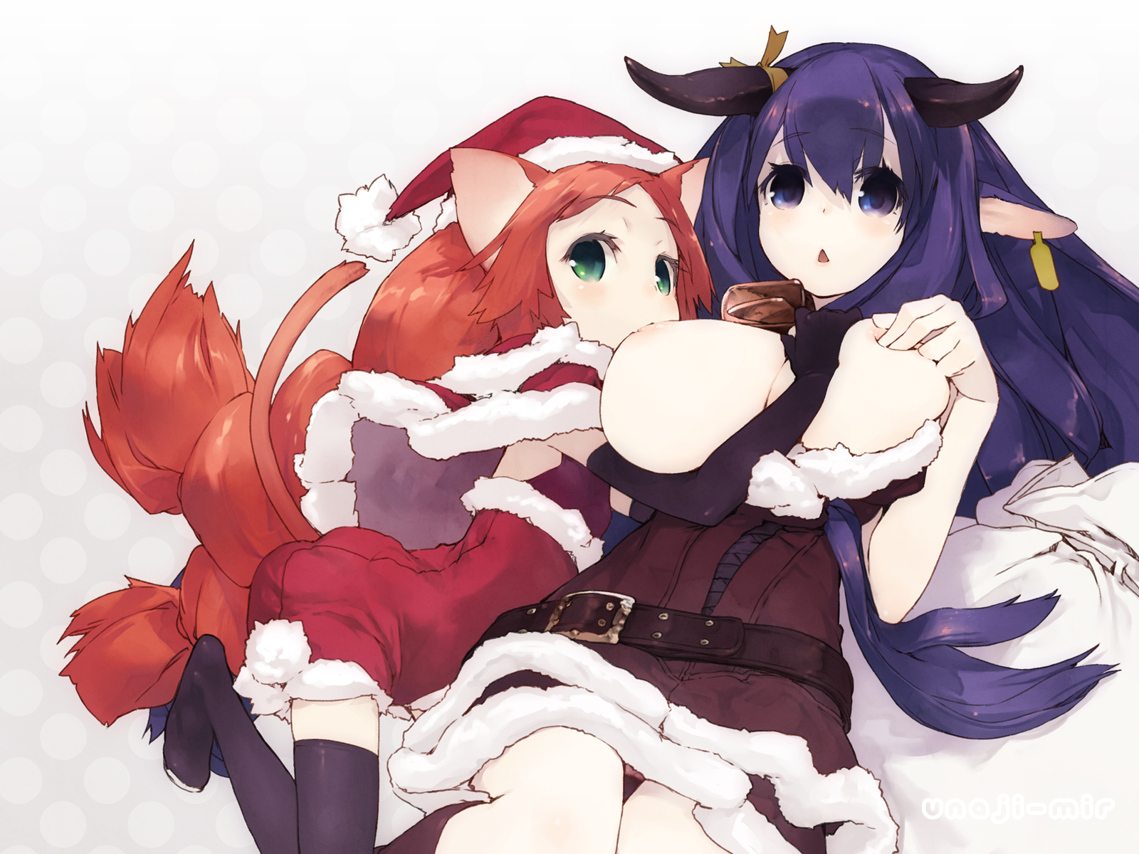 unaji, original, highres, 2girls, age difference, animal ears, bag, bell, belt, black thighhighs, breast sucking, breasts, cat ears, cat tail, christmas, cow ears, cow girl, cow tail, cowbell, cowboy shot, ear tag, elbow gloves, flat chest, gloves, green eyes, hat, horn ornament, horn ribbon, horns, large breasts, loli, long hair, multiple girls, onee-loli, purple eyes, purple hair, red hair, ribbon, sack, santa costume, santa hat, tail, thighhighs, very long hair, yuri