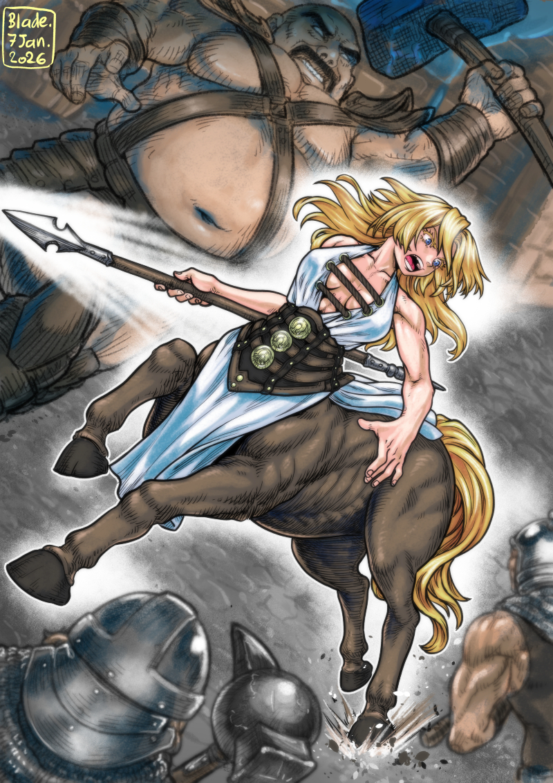blade of fury, dora (golden axe), golden axe, golden axe ii, commentary request, textless version, 1girl, 3boys, artist name, bald, bare shoulders, blonde hair, blue eyes, breasts, centaur, cleavage, collarbone, dated, dress, dutch angle, facial hair, fat, fat man, hair between eyes, hammer, helmet, holding, holding hammer, holding polearm, holding weapon, large breasts, long hair, multiple boys, muscular, muscular male, mustache, navel, open mouth, outdoors, outline, polearm, shoulder pads, sidelocks, sleeveless, sleeveless dress, solo focus, spear, standing, standing on one leg, taur, teeth, war hammer, weapon, white dress, white outline