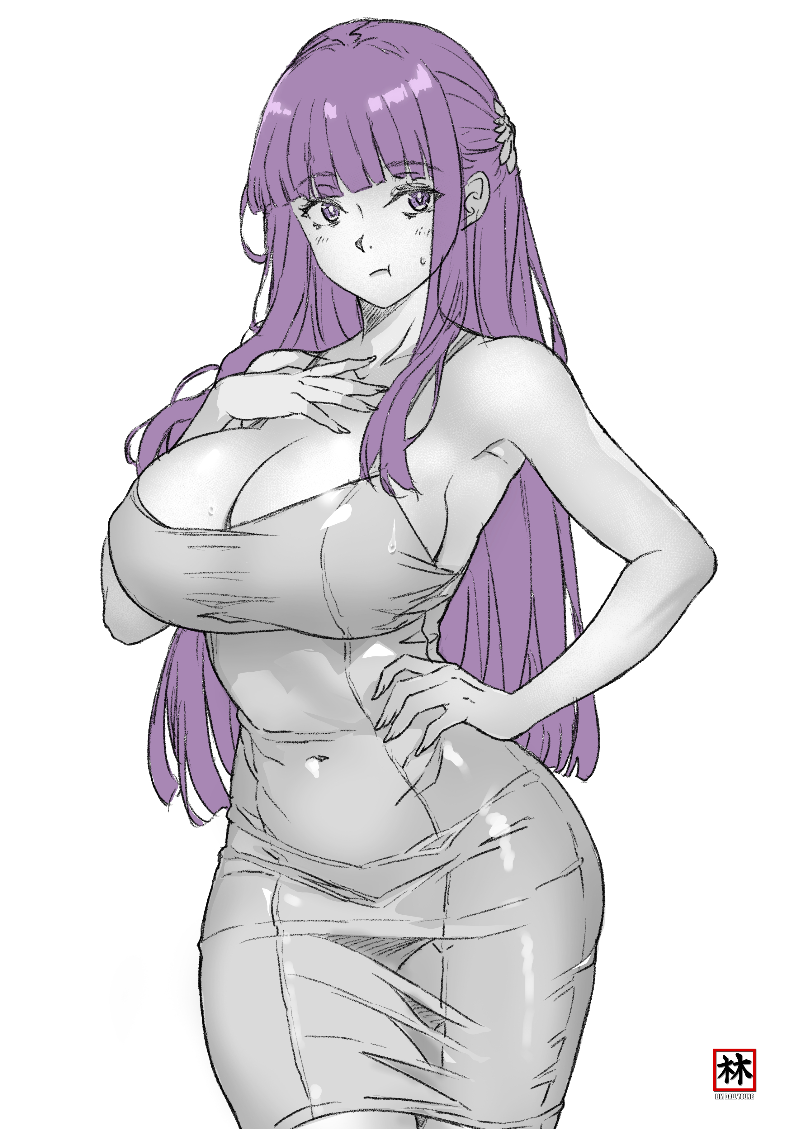 moonzero (cdggam), fern (sousou no frieren), sousou no frieren, absurdres, commentary request, highres, korean commentary, 1girl, armpits, artist logo, artist name, blunt bangs, blush, breasts, cleavage, closed mouth, collarbone, covered navel, cowboy shot, dress, greyscale, half updo, hand on own chest, hand on own hip, large breasts, logo, long hair, looking at viewer, monochrome, pout, purple eyes, purple hair, sideboob, sidelocks, solo, spot color, sweatdrop, white background