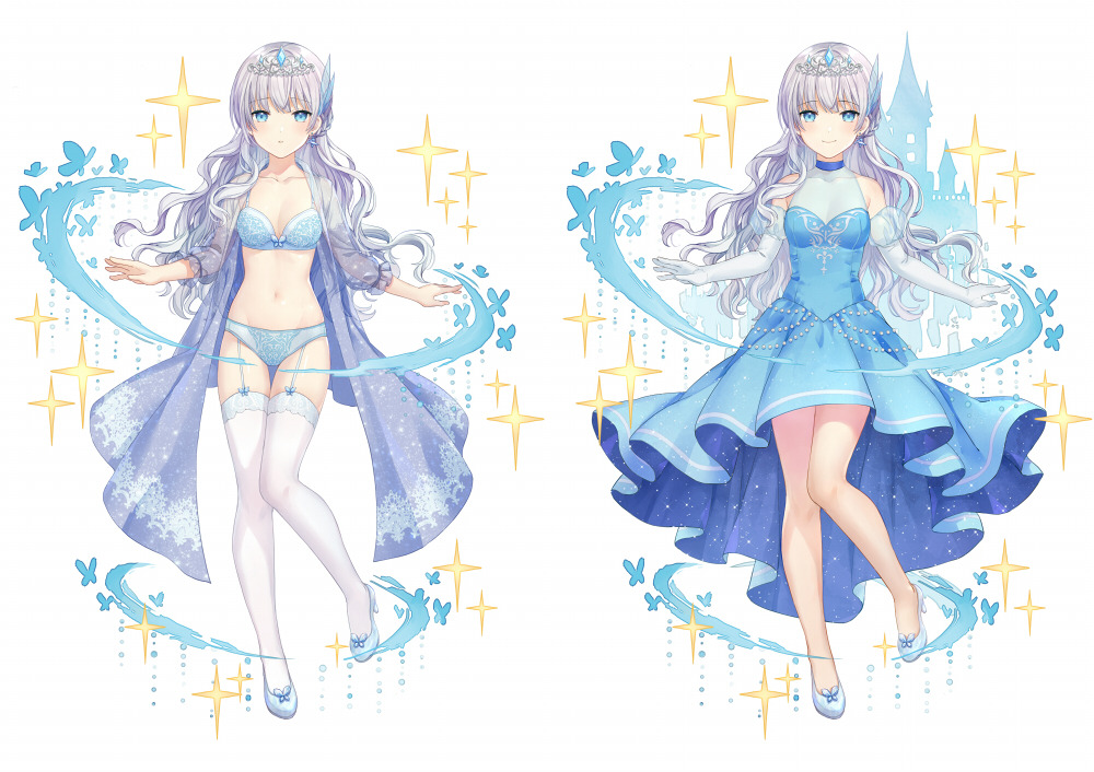 chocomirukuaji, original, commentary, 1girl, animal ears, blue bra, blue coat, blue dress, blue eyes, blue panties, blue shoes, bra, breasts, bug, butterfly, cleavage, coat, dress, elbow gloves, garter straps, gloves, grey hair, insect, lingerie, long hair, medium breasts, navel, panties, see-through cleavage, see-through clothes, shoes, smile, sparkle, thighhighs, tiara, underwear, wavy hair, white gloves, white thighhighs