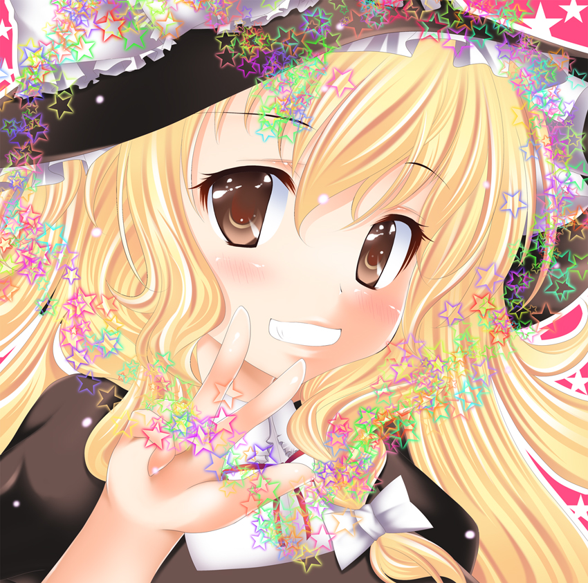 aono (artist), aono yami, kirisame marisa, touhou, bad id, bad pixiv id, 1girl, blonde hair, blush, bow, braid, brown eyes, dress, female focus, gesture, grin, hair bow, hair ornament, hat, heart, long hair, open mouth, ribbon, smile, solo, star (symbol), witch, witch hat