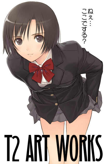 tony taka, translated, 1girl, blazer, blush, brown eyes, brown hair, female focus, jacket, pleated skirt, ribbon, school uniform, short hair, skirt, solo