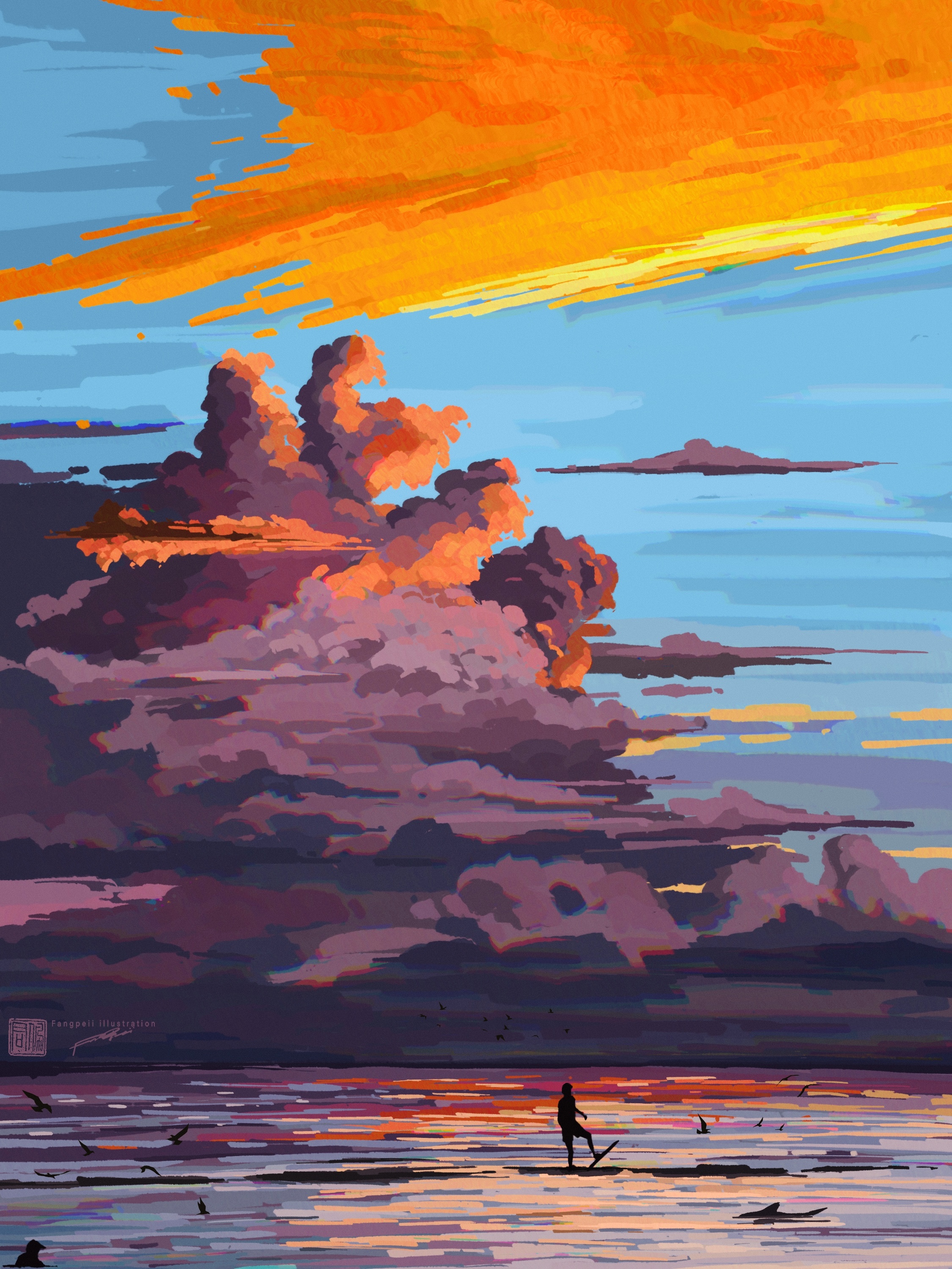 fangpeii, original, absurdres, chinese commentary, commentary request, highres, 1other, ambiguous gender, artist name, blue sky, chromatic aberration, cloud, cloudy sky, evening, horizon, ocean, outdoors, scenery, signature, silhouette, simple bird, sky, wide shot