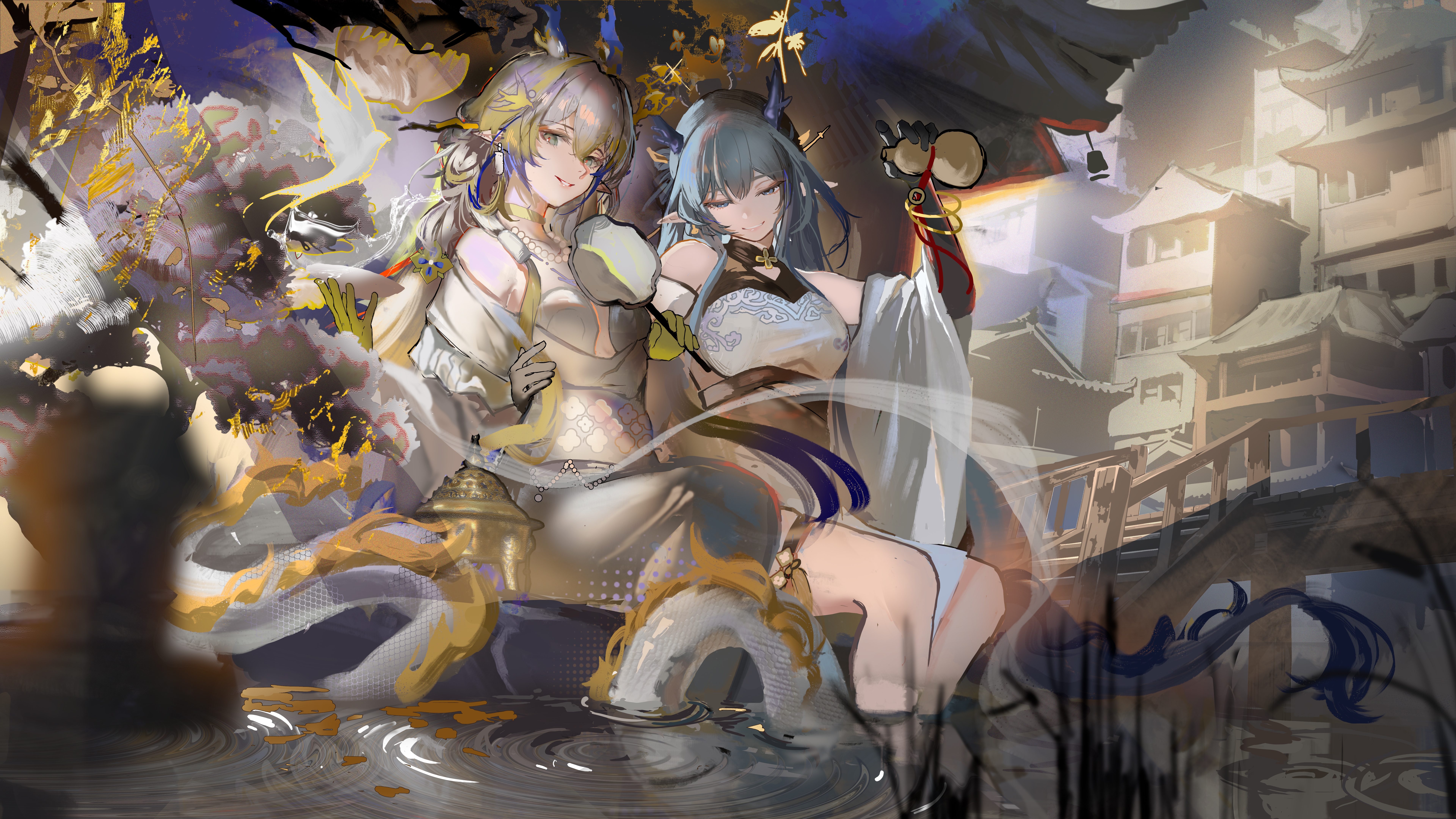 lonki, ling (arknights), shu (arknights), arknights, absurdres, chinese commentary, commentary request, highres, 2girls, black gloves, blonde hair, blue hair, china, china dress, chinese clothes, cup, dragon girl, dragon horns, dress, gloves, gourd, grass, holding, holding cup, holding gourd, horns, jewelry, long hair, looking at viewer, multiple girls, necklace, pointy ears, sitting, smile, tail, water, white dress