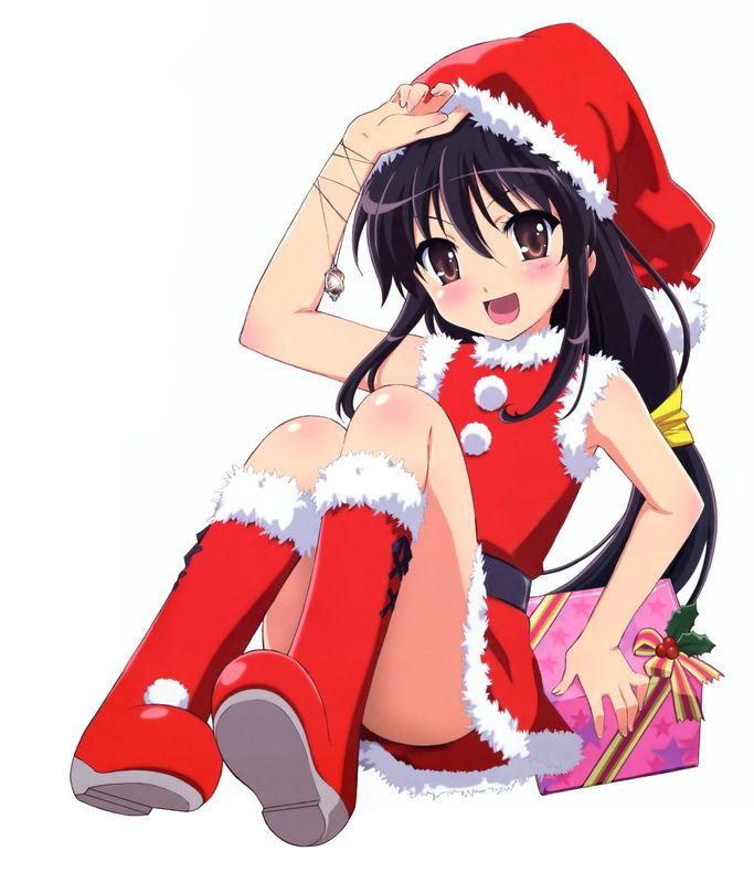 ootsuka mai, alastor (shakugan no shana), shana, shakugan no shana, 00s, 1girl, black hair, brown eyes, female focus, gift, jewelry, pendant, santa costume, solo
