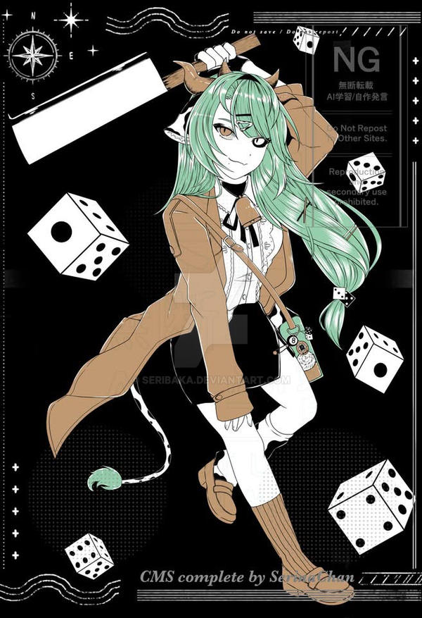 crelly, indie virtual youtuber, commentary, commission, english commentary, merchandise available, 1girl, animal ears, arm up, artist name, bag, bell, black background, black ribbon, black sclera, black skirt, brown jacket, brown shoes, cleaver, closed mouth, colored sclera, cow ears, cow girl, cow horns, cow tail, deviantart logo, deviantart username, dice, dice hair ornament, eyelashes, full body, green hair, hair intakes, hair ornament, hairclip, handbag, heterochromia, holding, holding cleaver, horns, jacket, long hair, long sleeves, mismatched sclera, mismatched socks, mole, mole under mouth, neck bell, neck ribbon, open clothes, open jacket, red eyes, ribbon, seribaka, shirt, shoes, skirt, smile, solo, tail, virtual youtuber, watermark, web address, white eyes, white shirt