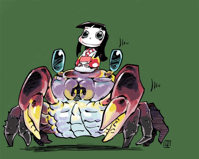 hirano masanori, original, black hair, blunt bangs, chibi, crab, crustacean, hime cut, japanese clothes, smile, solo