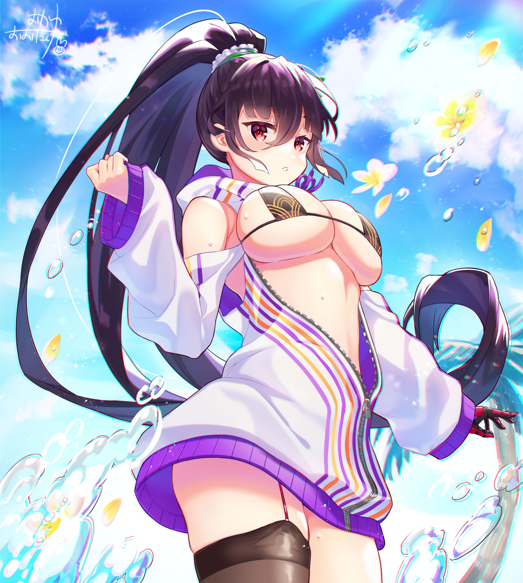 okanoyuno, mutsu-no-kami yoshiyuki (tenka hyakken), tenka hyakken, commentary request, highres, asymmetrical legwear, bare shoulders, bikini, black bikini, black leggings, flower, gloves, hair ornament, hair scrunchie, hood, hood down, hoodie, jacket, leggings, long hair, long sleeves, looking at viewer, open clothes, open jacket, open mouth, oversized clothes, palm tree, partially unzipped, personification, ponytail, purple hair, purple trim, red eyes, red gloves, scrunchie, sidelocks, single glove, single thighhigh, sky, striped clothes, sweater, swimsuit, thighhighs, tree, water drop