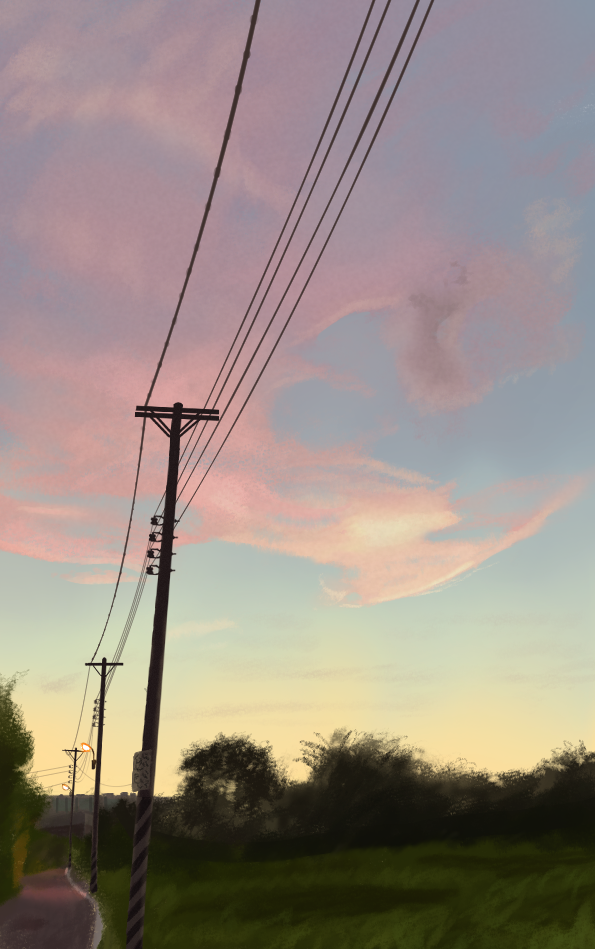 original, commentary request, blue sky, cloud, cloudy sky, franky7702, gradient sky, meadow, no humans, outdoors, power lines, road, scenery, sky, sky focus, tree, twilight, utility pole