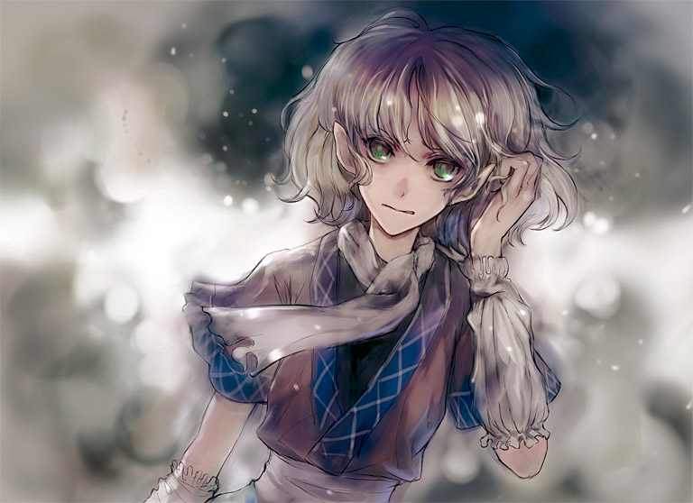 nokishita, mizuhashi parsee, touhou, 1girl, adjusting hair, arm warmers, blonde hair, female focus, green eyes, pointy ears, scarf, short hair, solo, upper body