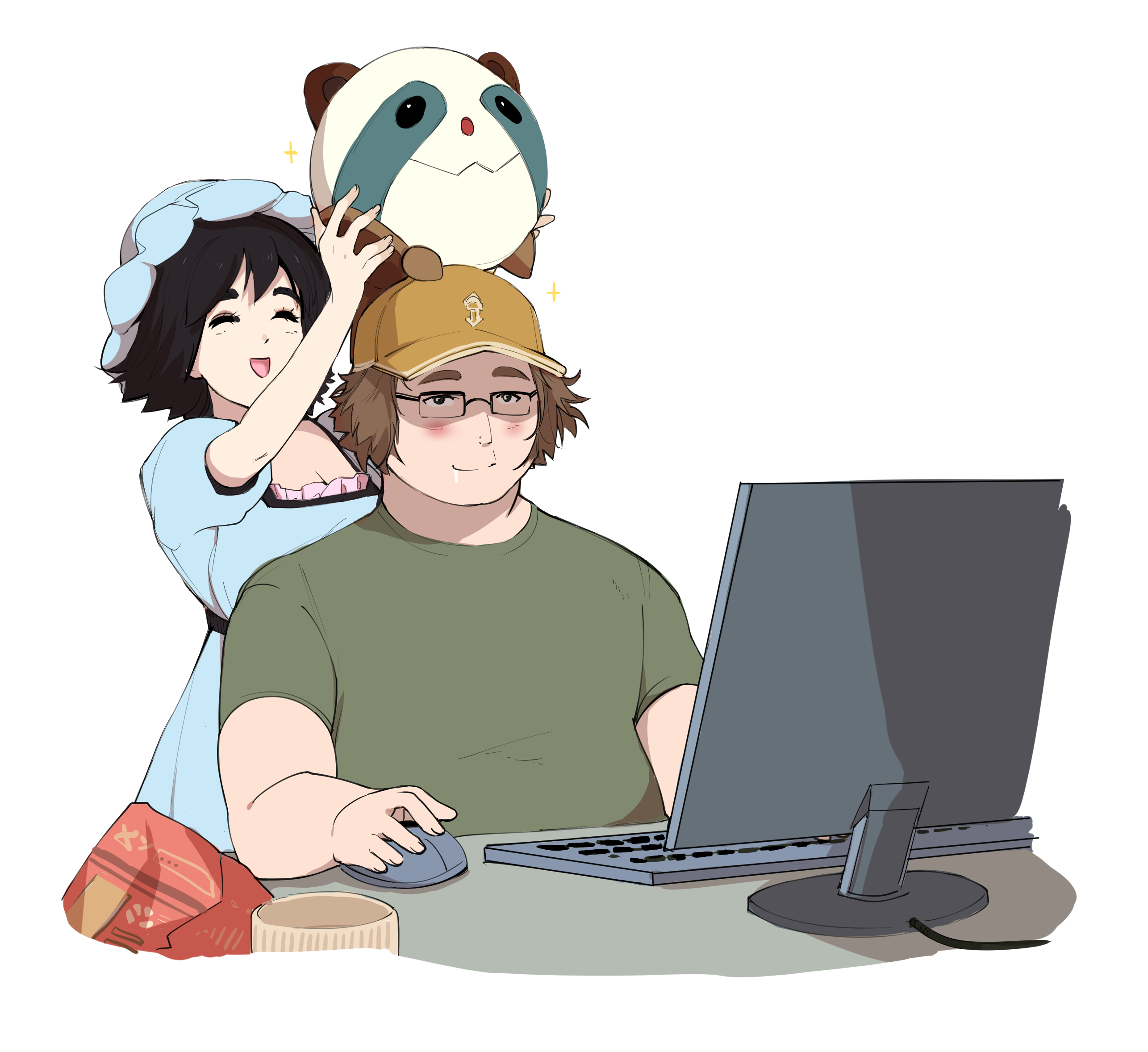 arcsinus, hashida itaru, shiina mayuri, upa (steins;gate), science adventure, steins;gate, highres, revision, 1boy, 1girl, black hair, blush, brown eyes, brown hair, chips (food), closed eyes, computer, drooling, food, glasses, hat, holding, laptop, open mouth, potato chips, saliva, shirt, short hair, short sleeves, simple background, sitting, smile, t-shirt, white background