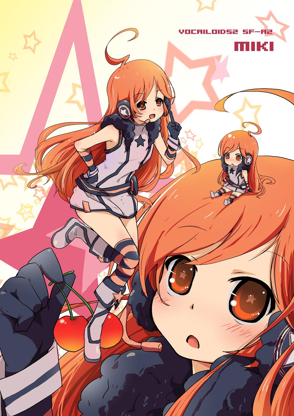 zhao shuwen, sf-a2 miki, vocaloid, striped legwear, highres, jpeg artifacts, + +, ahoge, cherry, chibi, dress, food, fruit, gloves, headphones, headset, kneehighs, long hair, mini person, minigirl, red eyes, red hair, saliva, sitting, smile, socks, star (symbol), striped clothes, striped gloves, striped thighhighs, thighhighs, wrist cuffs