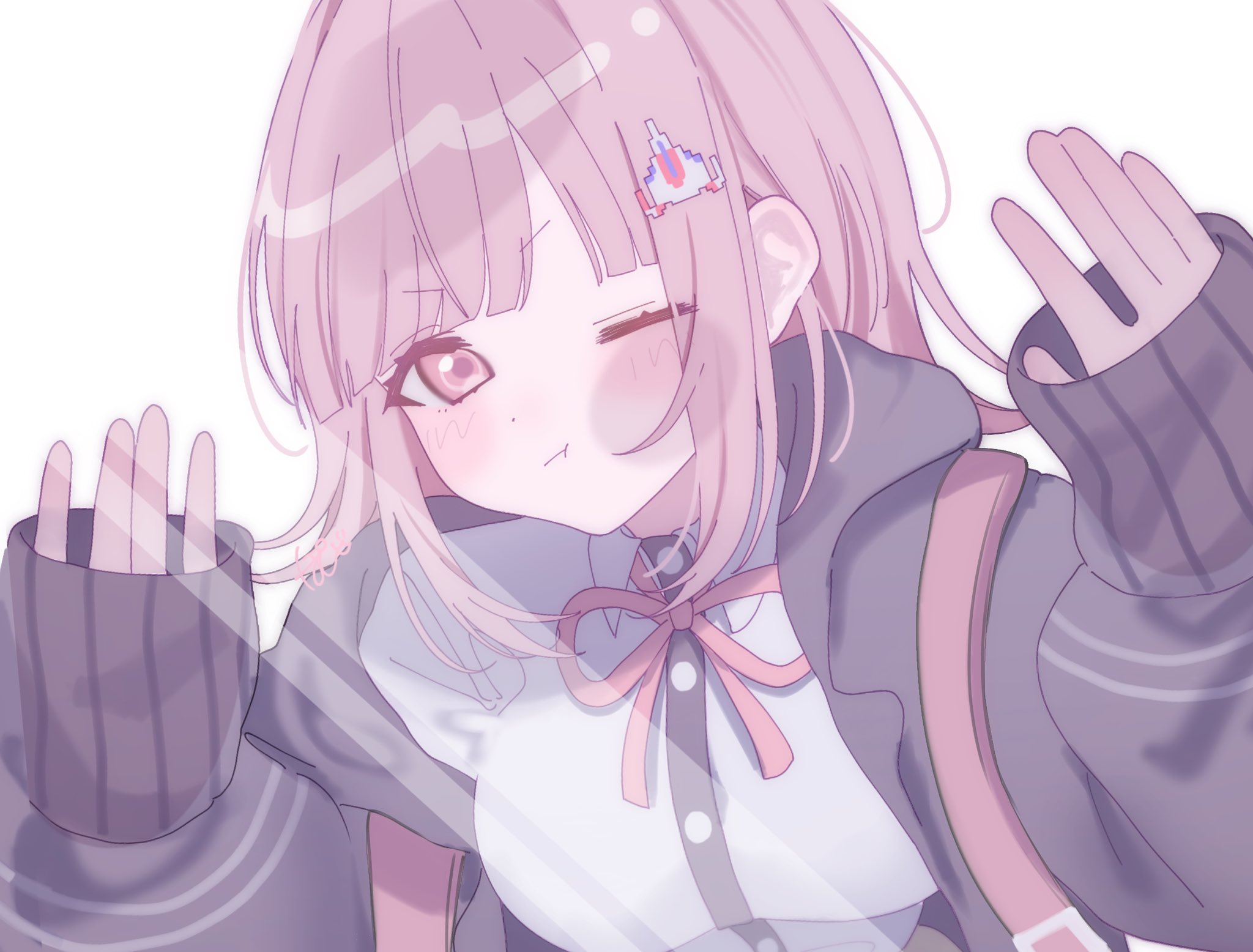 pote (pote 39), nanami chiaki, danganronpa (series), danganronpa 2: goodbye despair, highres, 1girl, against glass, blush, breasts, brown hair, collared shirt, flipped hair, hair ornament, jacket, long sleeves, looking at viewer, medium hair, neck ribbon, one eye closed, open clothes, open jacket, pink eyes, pink ribbon, ribbon, shirt, solo, white shirt