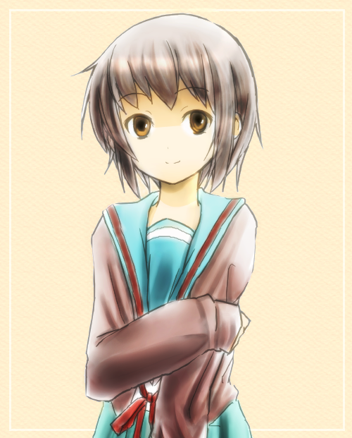 koji, nagato yuki, suzumiya haruhi no yuuutsu, 00s, brown eyes, brown hair, cardigan, school uniform, serafuku, short hair, smile, solo