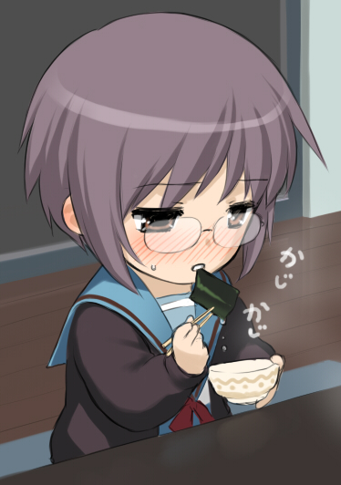 sano toshihide, nagato yuki, suzumiya haruhi no yuuutsu, bad id, bad pixiv id, 00s, 1girl, blush, chibi, female focus, food, glasses, indoors, purple hair, school uniform, serafuku, short hair, solo