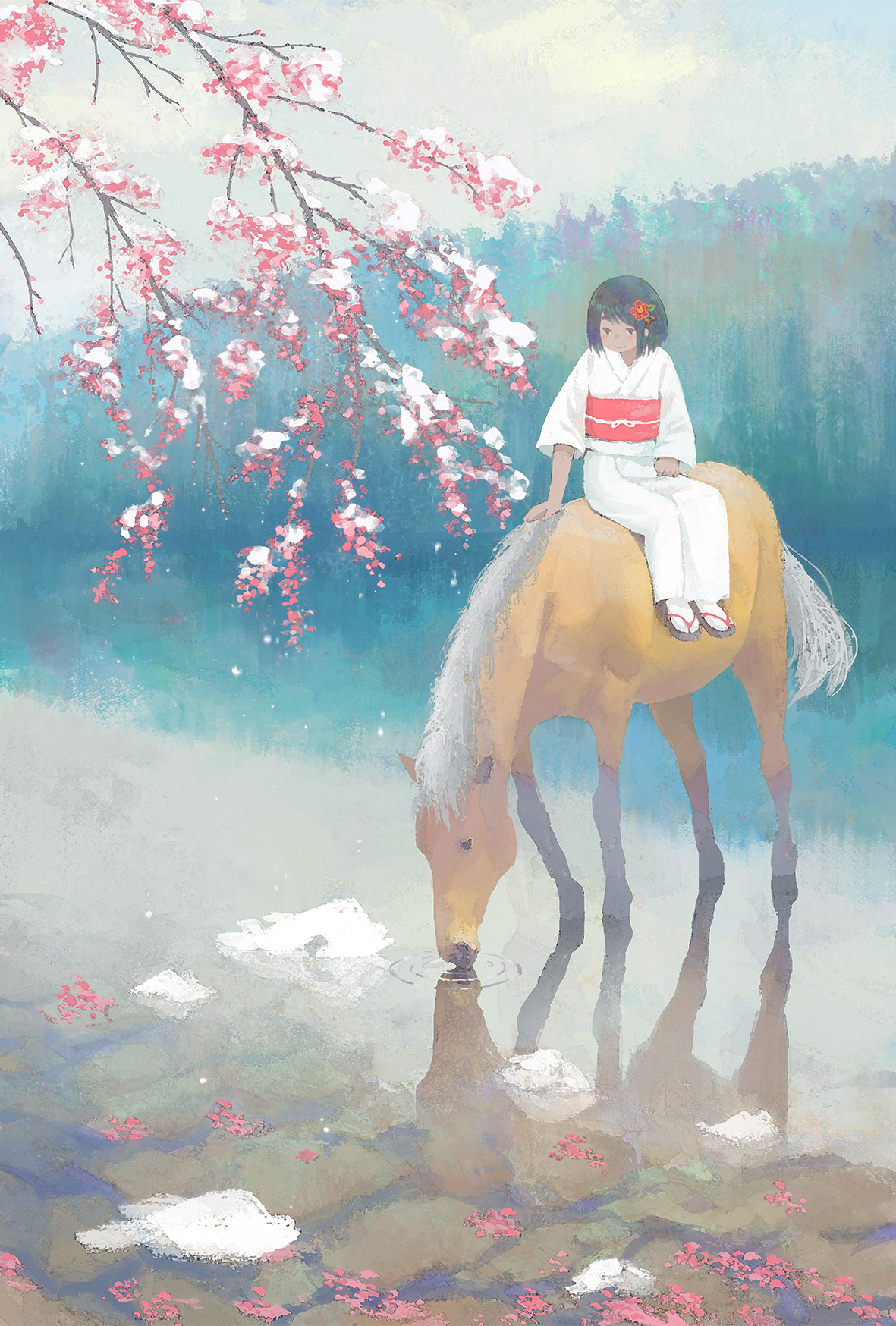 solanoko, original, commentary request, highres, 1girl, animal, black hair, bob cut, branch, cherry blossoms, closed mouth, day, flower, full body, hair flower, hair ornament, horse, japanese clothes, kimono, long sleeves, obi, okobo, outdoors, platform sandals, red flower, red sash, reflection, reflective liquid, ripples, sandals, sash, scenery, short hair, sitting, sitting on animal, smile, solo, spring (season), tabi, water, white kimono