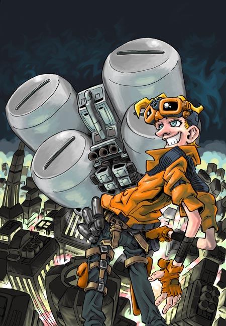 hirano masanori, original, 1boy, blonde hair, blue eyes, cityscape, fingerless gloves, gloves, goggles, grin, jacket, male focus, mecha, robot, smile, solo