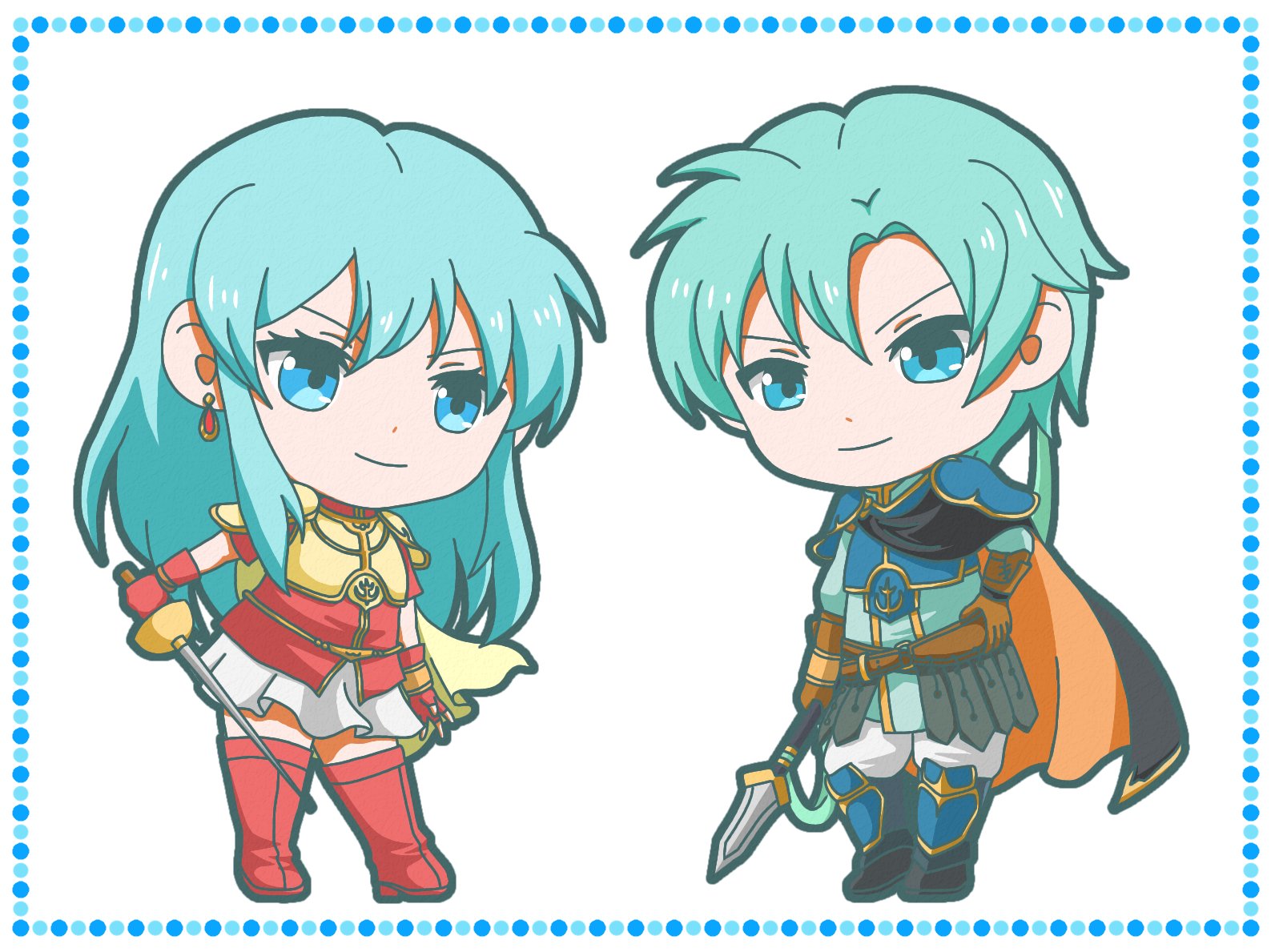 wai power, eirika (fire emblem), ephraim (fire emblem), fire emblem, fire emblem: the sacred stones, nintendo, commentary request, 1boy, 1girl, aqua eyes, aqua hair, armor, black cape, black shoes, boots, bracelet, breastplate, brother and sister, brown gloves, cape, chibi, chibi only, closed mouth, earrings, fingerless gloves, full body, gloves, hand on own hip, holding, holding polearm, holding sword, holding weapon, jewelry, lance, long hair, long sleeves, looking at viewer, orange cape, pants, pauldrons, polearm, red boots, red gloves, red shirt, shirt, shoes, short hair, short sleeves, shoulder armor, siblings, skirt, smile, sword, thigh boots, twins, two-tone cape, weapon, white skirt, yellow cape