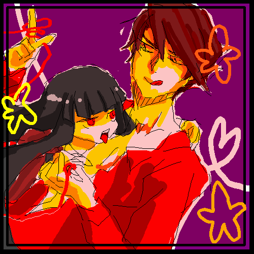 renako, lucifer (umineko), stakes of purgatory, ushiromiya battler, umineko no naku koro ni, lowres, 00s, 1boy, 1girl, :d, :p, black hair, blunt bangs, brown hair, dress, formal clothes, holding, long hair, long sleeves, open mouth, red dress, red eyes, smile, suit, tongue, tongue out