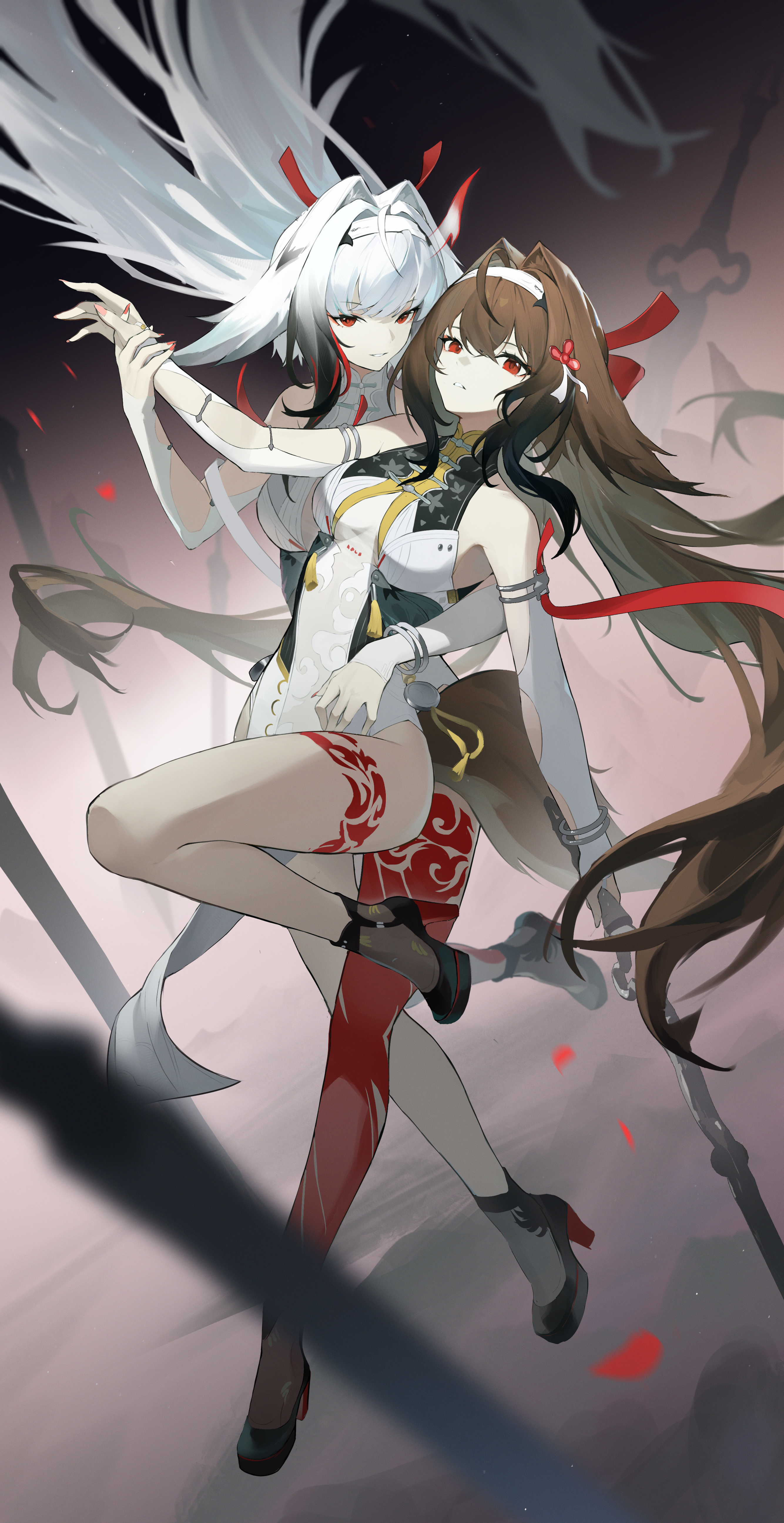 futaba nori, ye shunguang, zenless zone zero, absurdres, commentary request, highres, 2girls, alternate form, animal ears, bare shoulders, breasts, brown hair, china dress, chinese clothes, dress, droopy ears, fox ears, fox girl, hair intakes, hair ornament, hairband, holding hands, long hair, looking at viewer, multiple girls, red eyes, smile, tail, very long hair, white hair, white hairband