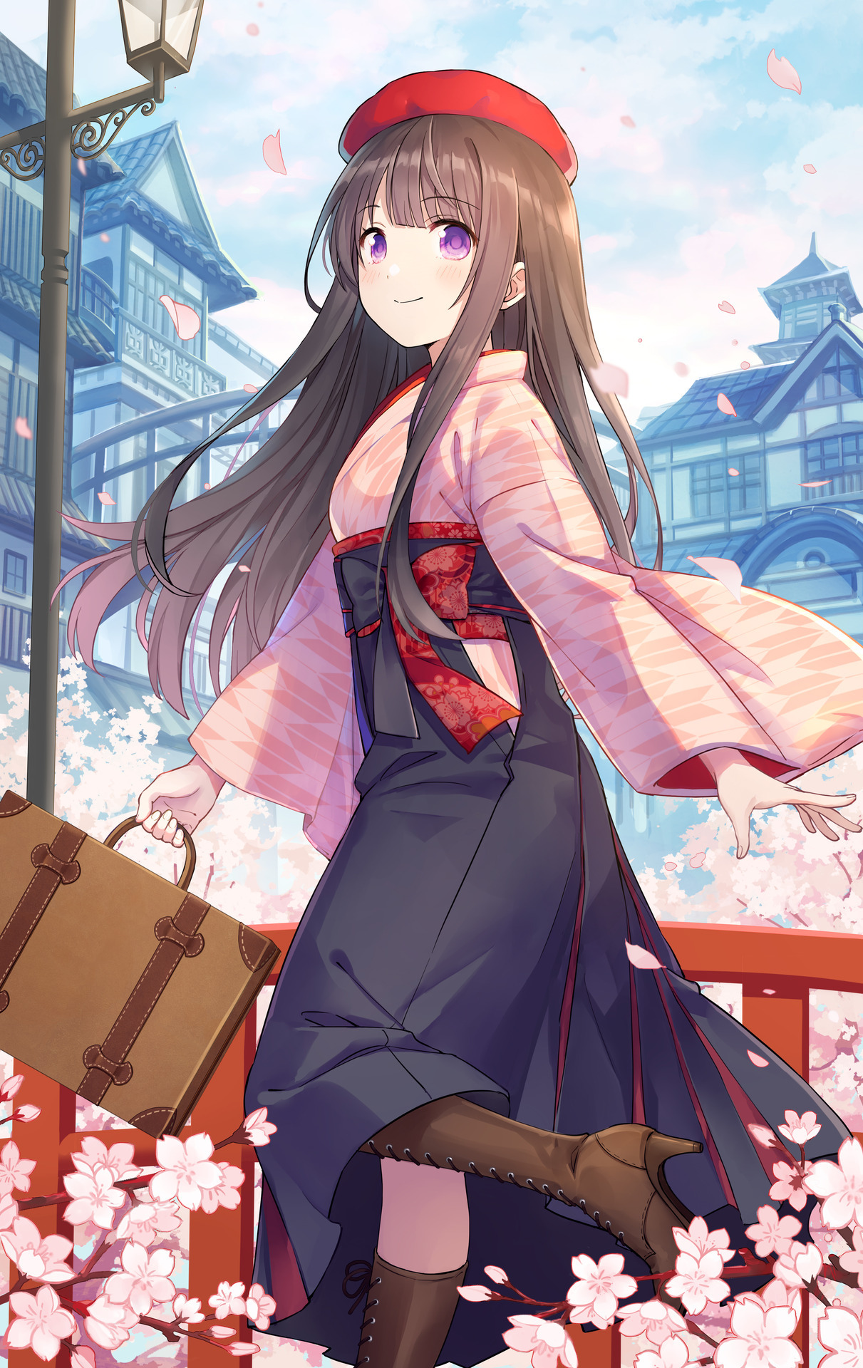 chocomirukuaji, xiao pa, ipass (yi ka tong), commentary request, highres, 1girl, beret, black hakama, blue sky, blush, boots, brown boots, brown hair, building, closed mouth, cloud, cloudy sky, day, hakama, hakama skirt, hat, high heel boots, high heels, holding, japanese clothes, kimono, knee boots, lace-up boots, lamppost, long hair, long sleeves, outdoors, petals, pink kimono, purple eyes, railing, red hat, skirt, sky, smile, solo, standing, standing on one leg, suitcase, wide sleeves, yagasuri