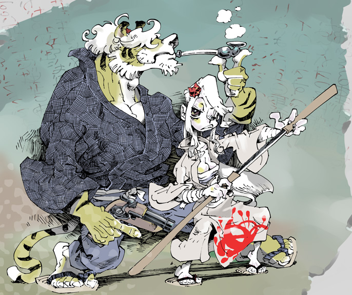 hirano masanori, original, gun, handgun, japanese clothes, katana, kiseru, sandals, sarashi, smoking pipe, sword, tail, tiger tail, trigger discipline, weapon, white hair