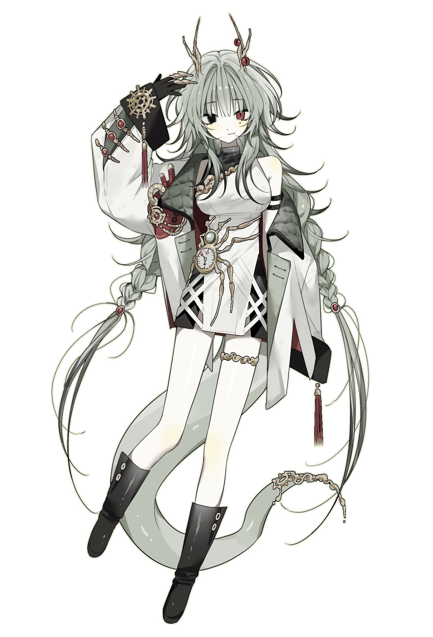 dmdrk (ha ha), original, highres, 1girl, arm up, black boots, black eyes, boots, braid, dragon girl, dragon horns, dragon tail, dress, eastern dragon horns, eastern dragon tail, full body, grey hair, heterochromia, horns, jacket, long hair, looking at viewer, open clothes, open jacket, red eyes, simple background, solo, tail, twin braids, very long hair, white background, white dress, white jacket