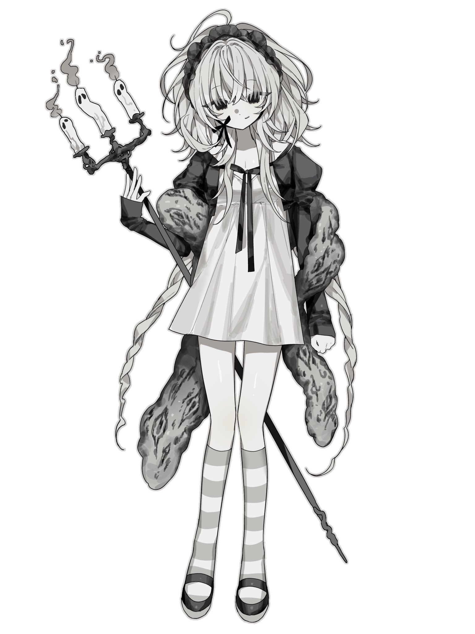 dmdrk (ha ha), original, highres, 1girl, black eyes, candle, dress, feather boa, full body, grey hair, juliet sleeves, kneehighs, long hair, long sleeves, looking at viewer, maid headdress, puffy sleeves, short dress, simple background, socks, solo, standing, striped clothes, striped socks, white background, white dress