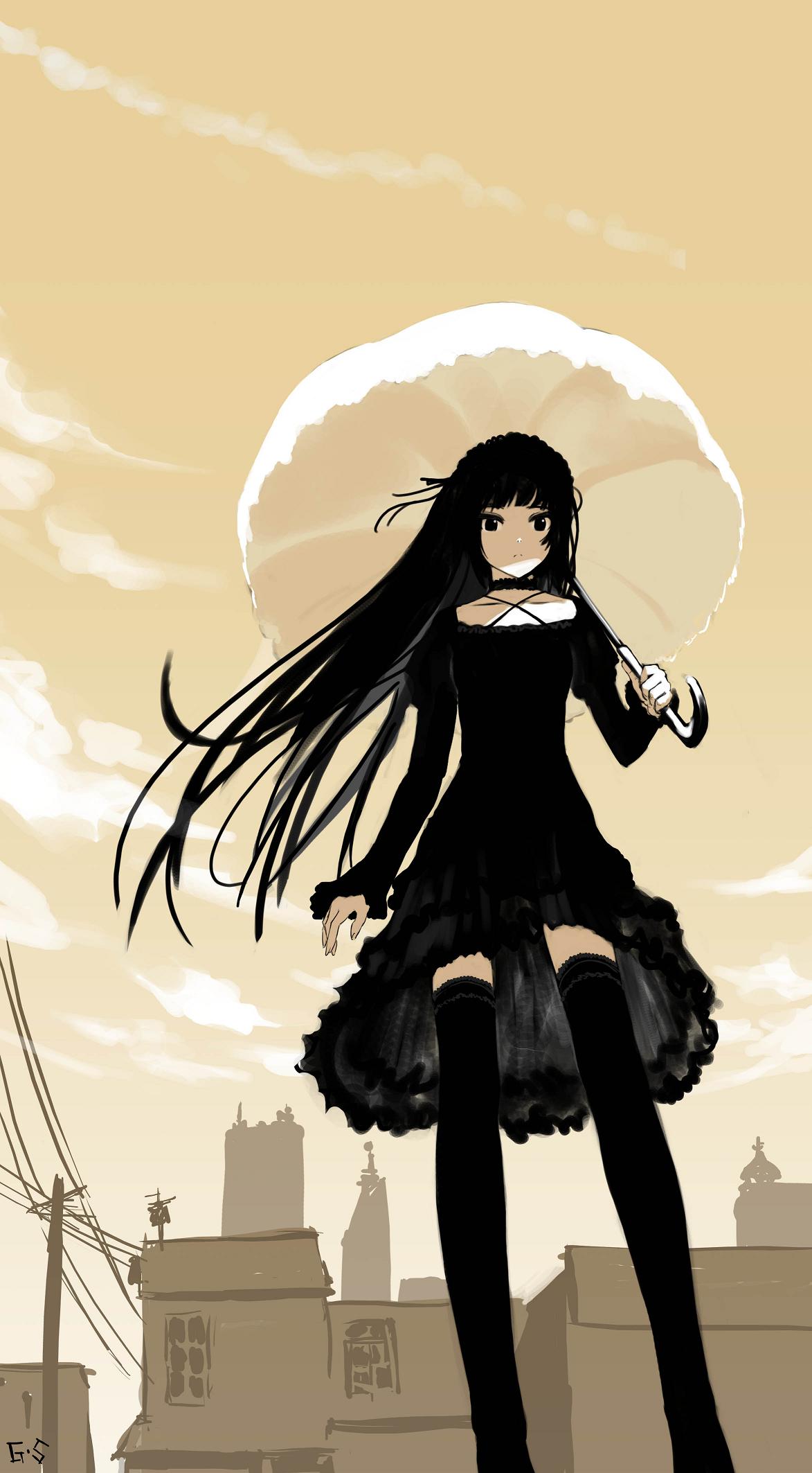 as109, koumyouji maiko, gakkou wo deyou, bad id, bad pixiv id, highres, 1girl, black hair, blunt bangs, breasts, dress, female focus, gothic lolita, hime cut, lolita fashion, long hair, small breasts, solo, thighhighs, umbrella, zettai ryouiki