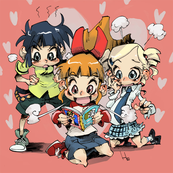 hirano masanori, akazutsumi momoko, goutokuji miyako, matsubara kaoru, powerpuff girls, powerpuff girls z, 00s, 3girls, black eyes, blonde hair, blue eyes, blue hair, book, hair ribbon, multiple girls, necktie, orange hair, pornography, red eyes, ribbon, steam, viewing pornography