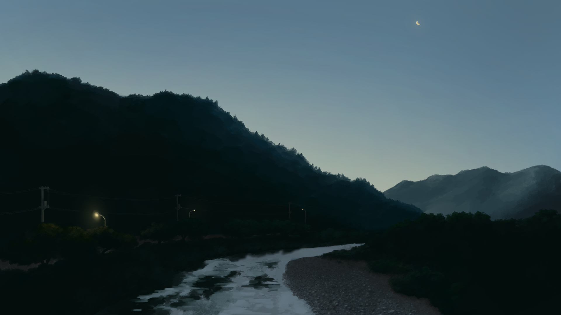 original, commentary, highres, ara bot, crescent moon, grey sky, hill, lamppost, landscape, moon, no humans, outdoors, power lines, river, rural, scenery, sky, twilight, utility pole