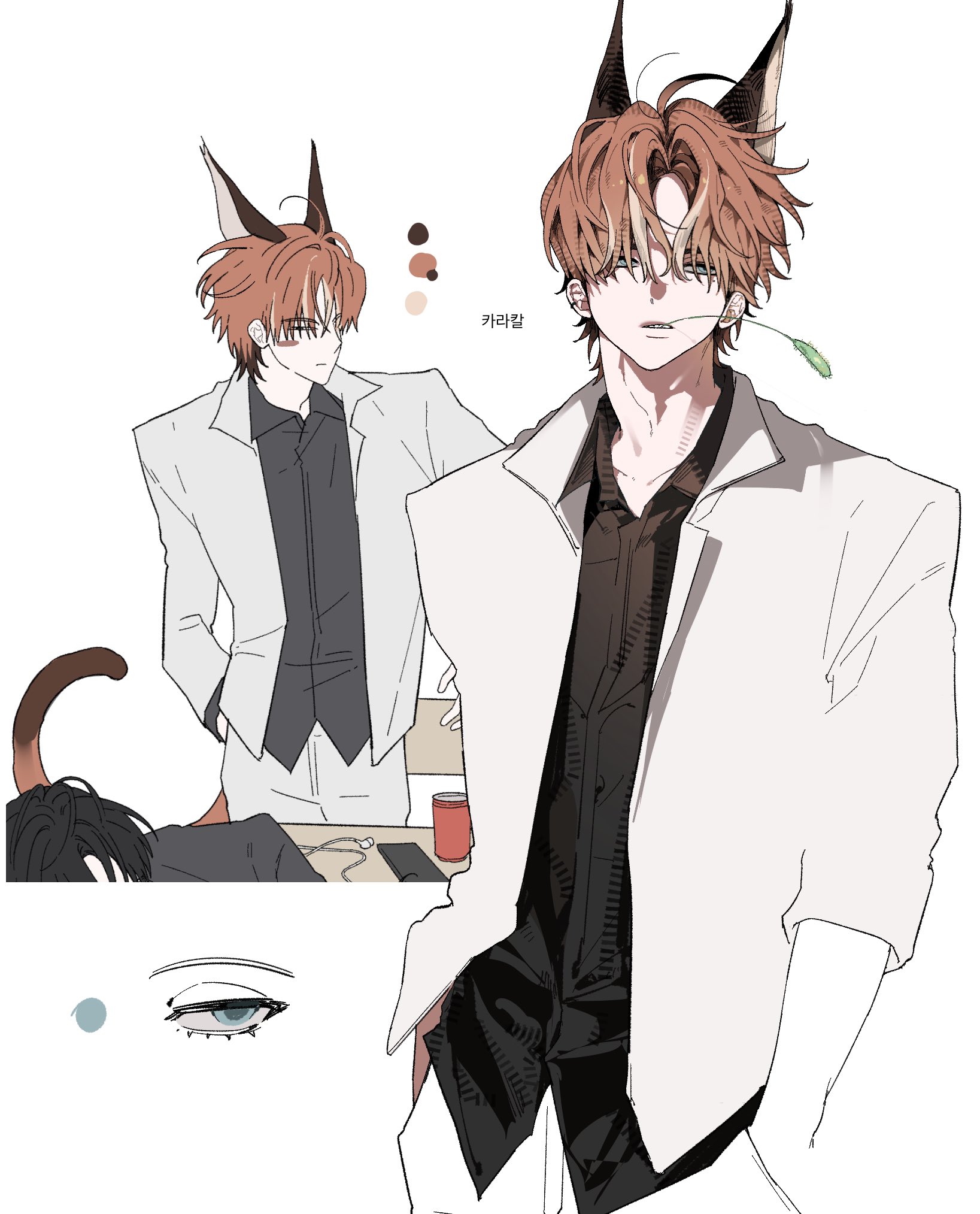 dmdrk (ha ha), original, highres, 1boy, animal ears, black shirt, brown hair, cat boy, cat ears, cat tail, green eyes, hands in pockets, jacket, looking at viewer, male focus, mouth hold, multiple views, shirt, short hair, simple background, stalk in mouth, tail, white background, white jacket