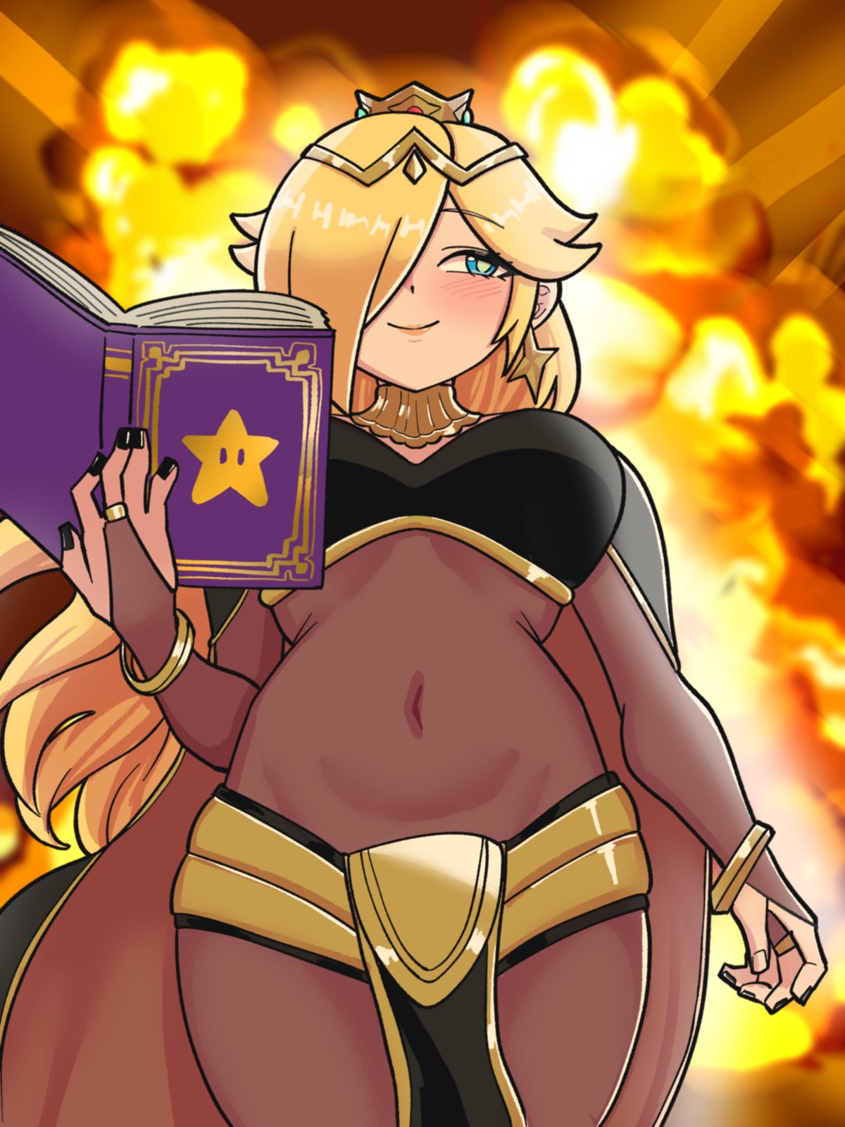 mnejing30, rosalina, tharja (fire emblem), fire emblem, fire emblem awakening, mario (series), nintendo, the super mario galaxy movie, commentary, english commentary, highres, 1girl, alternate costume, black nails, blonde hair, blue eyes, blush, bodystocking, book, breasts, bridal gauntlets, closed mouth, cosplay, covered navel, crown, earrings, explosion, explosion background, from below, hair over one eye, holding, holding book, jewelry, large breasts, long hair, looking to the side, open book, pelvic curtain, smile, solo, star (symbol), star earrings, tharja (fire emblem) (cosplay), tiara, very long hair
