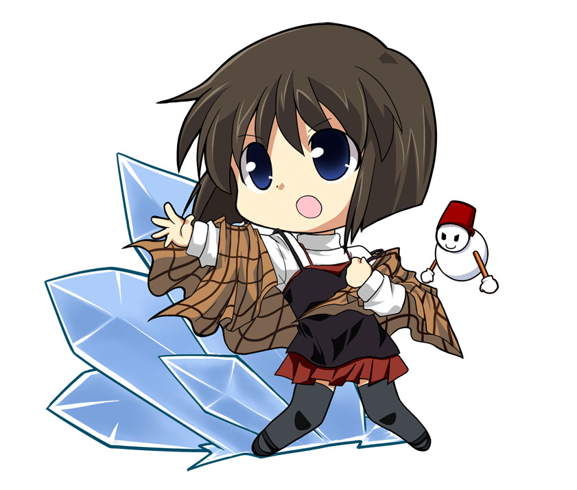 kannazuki yukito, misaka shiori, eternal fighter zero, kanon, black hair, blue eyes, chibi, icicle, shawl, short hair, snowman, solo, thighhighs