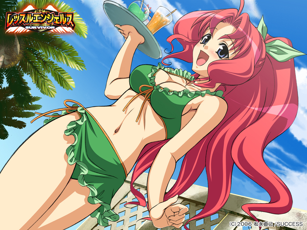 kojima satomi, wrestle angels, wrestle angels survivor, 1girl, bikini, blue eyes, blush, breasts, cleavage, drink, female focus, frilled bikini, frills, green bikini, green ribbon, hair ribbon, large breasts, long hair, nature, outdoors, ponytail, red hair, ribbon, side-tie bikini bottom, sky, solo, swimsuit, tray
