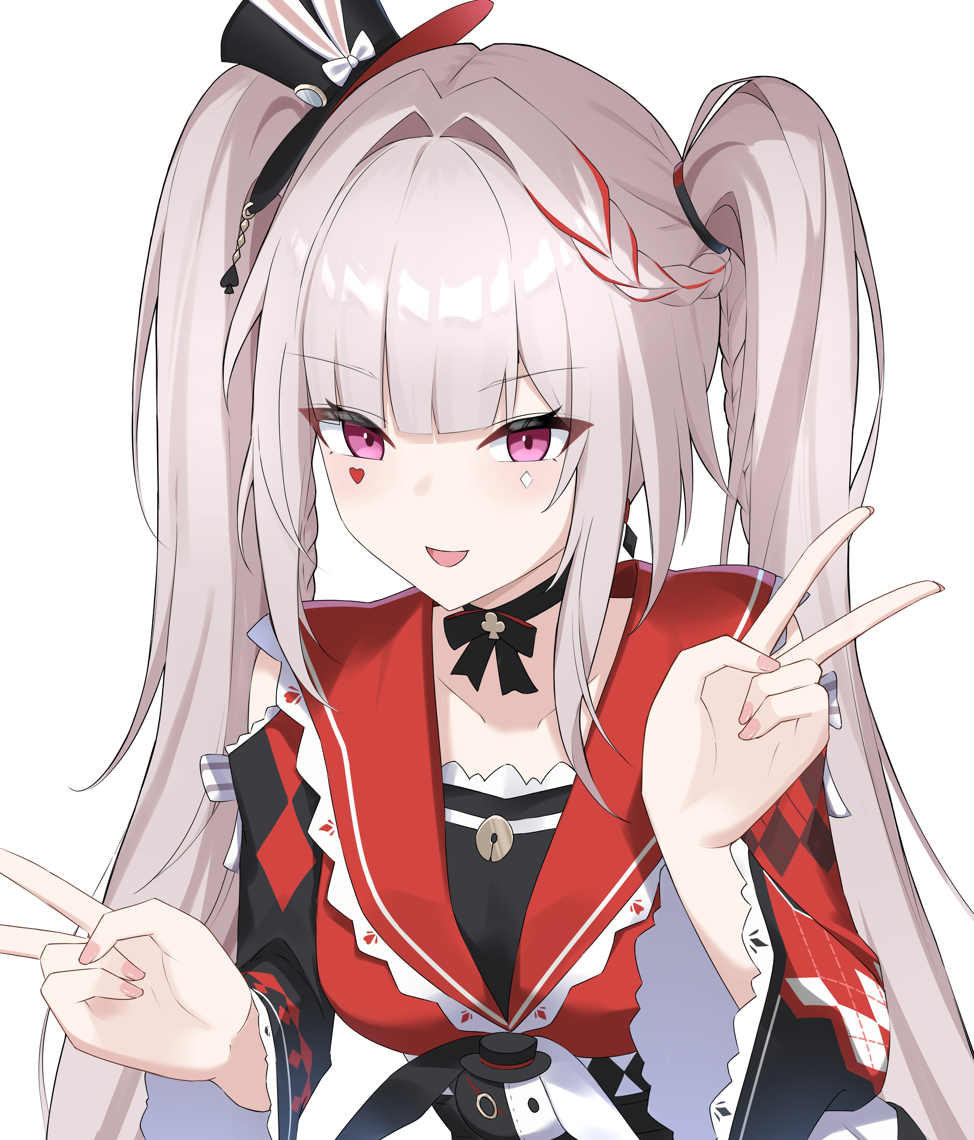 nicel, sparkle (honkai: star rail), sparxie (honkai: star rail), honkai: star rail, honkai (series), absurdres, commentary, highres, 1girl, black bow, black bowtie, black choker, black hat, bow, bowtie, braid, choker, diamond (shape), diamond facial mark, double v, facial mark, frilled sailor collar, frills, hair intakes, hat, hat ornament, heart, heart facial mark, long hair, long sleeves, looking at viewer, mini hat, mini top hat, open mouth, pink eyes, rabbit hat ornament, red sailor collar, sailor collar, simple background, solo, top hat, twintails, upper body, v, white background, white hair, wide sleeves