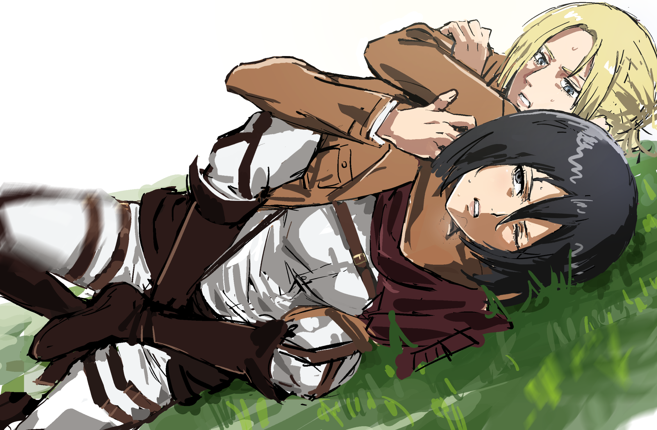 annie leonhart, mikasa ackerman, shingeki no kyojin, commentary request, highres, 2girls, belt, black hair, blonde hair, boots, brown boots, buckle, catfight, choke hold, hair bun, knee boots, long sleeves, multiple girls, pants, paradis military uniform, ryona, short hair, strangling, user fjtr4342, wrestling, yuri