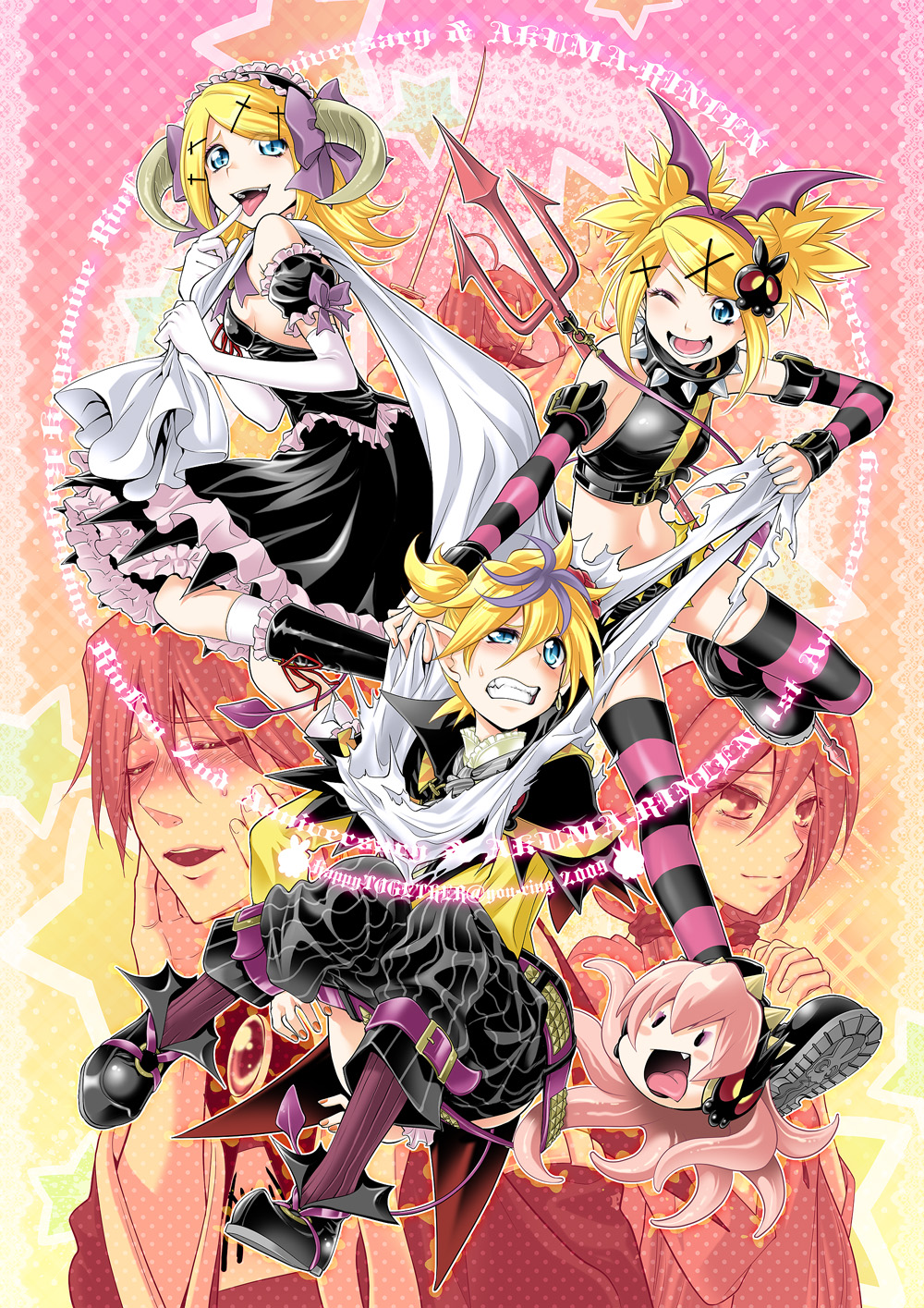 kitano tomotoshi, hatsune miku, kagamine len, kagamine rin, kaito (vocaloid), kamui gakupo, megurine luka, meiko (vocaloid), takoluka, pretty panties akuma rin (vocaloid), vocaloid, striped legwear, highres, 3boys, 3girls, bat wings, blonde hair, blue eyes, boots, bow, fang, finger to mouth, hair bow, head wings, horns, multiple boys, multiple girls, one eye closed, open mouth, pink hair, pointy ears, striped clothes, striped thighhighs, thighhighs, tongue, wings, wink