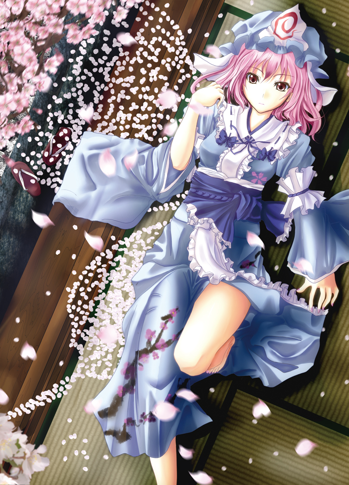 oimari, saigyouji yuyuko, touhou, 1girl, barefoot, cherry blossoms, dress, female focus, flower, hat, indoors, japanese clothes, pink hair, plant, red eyes, short hair, solo